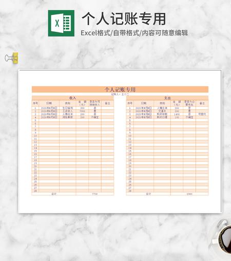小清新黄色个人记账excel模板