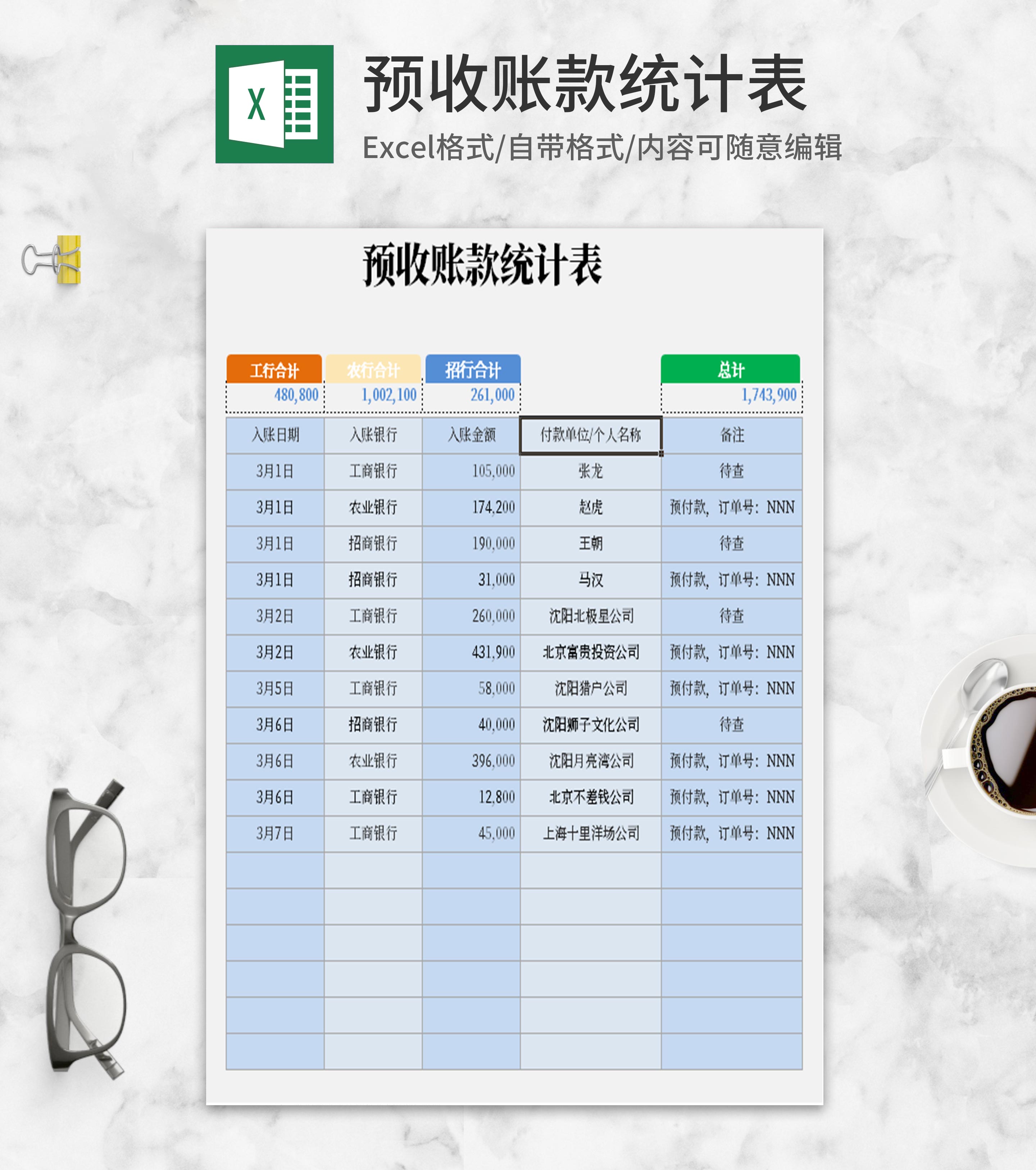 小清新预收账款Excel统计模板