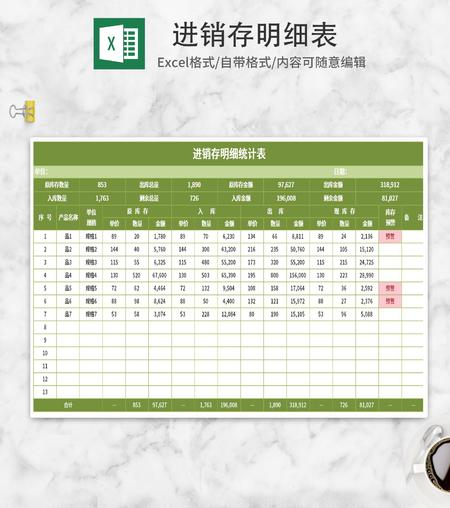 小清新绿色进销存明细表Excel模板