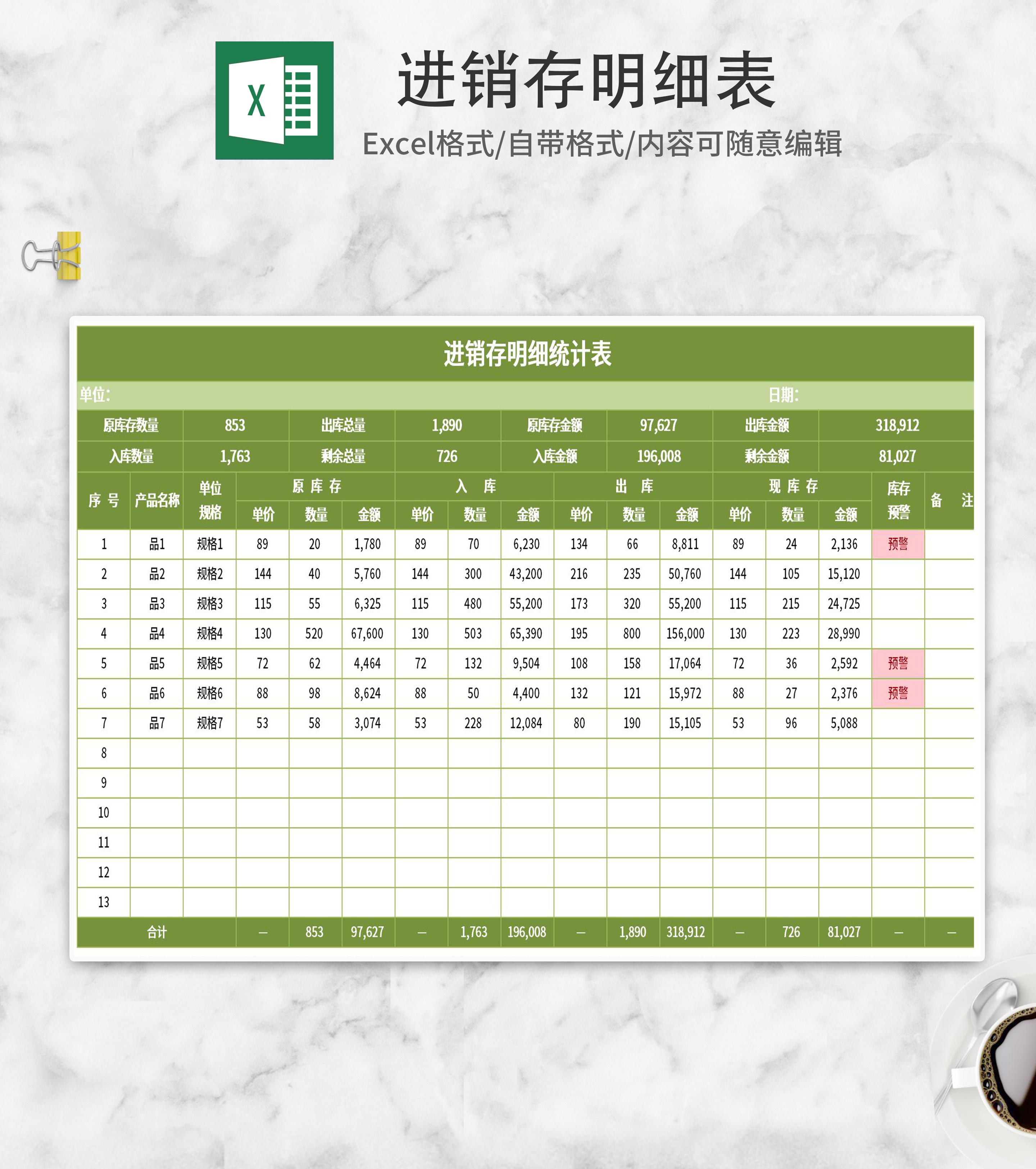 小清新绿色进销存明细表Excel模板