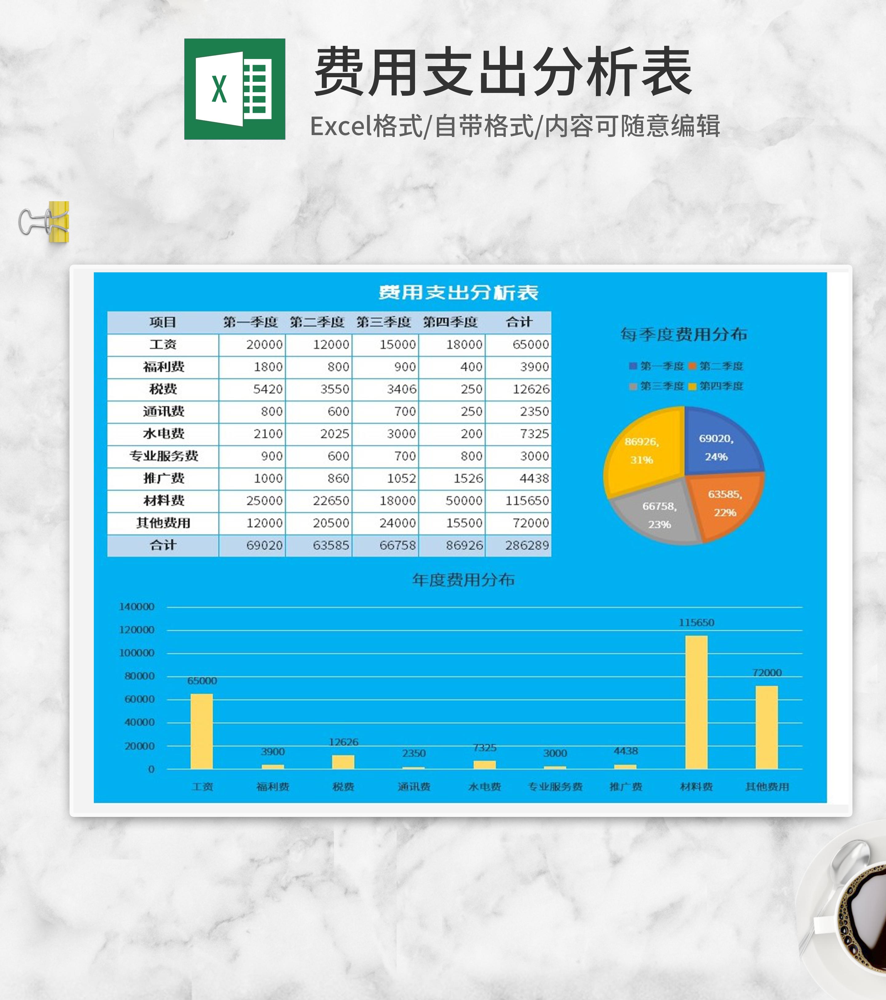简约蓝色年度费用支出分析表Excel模板
