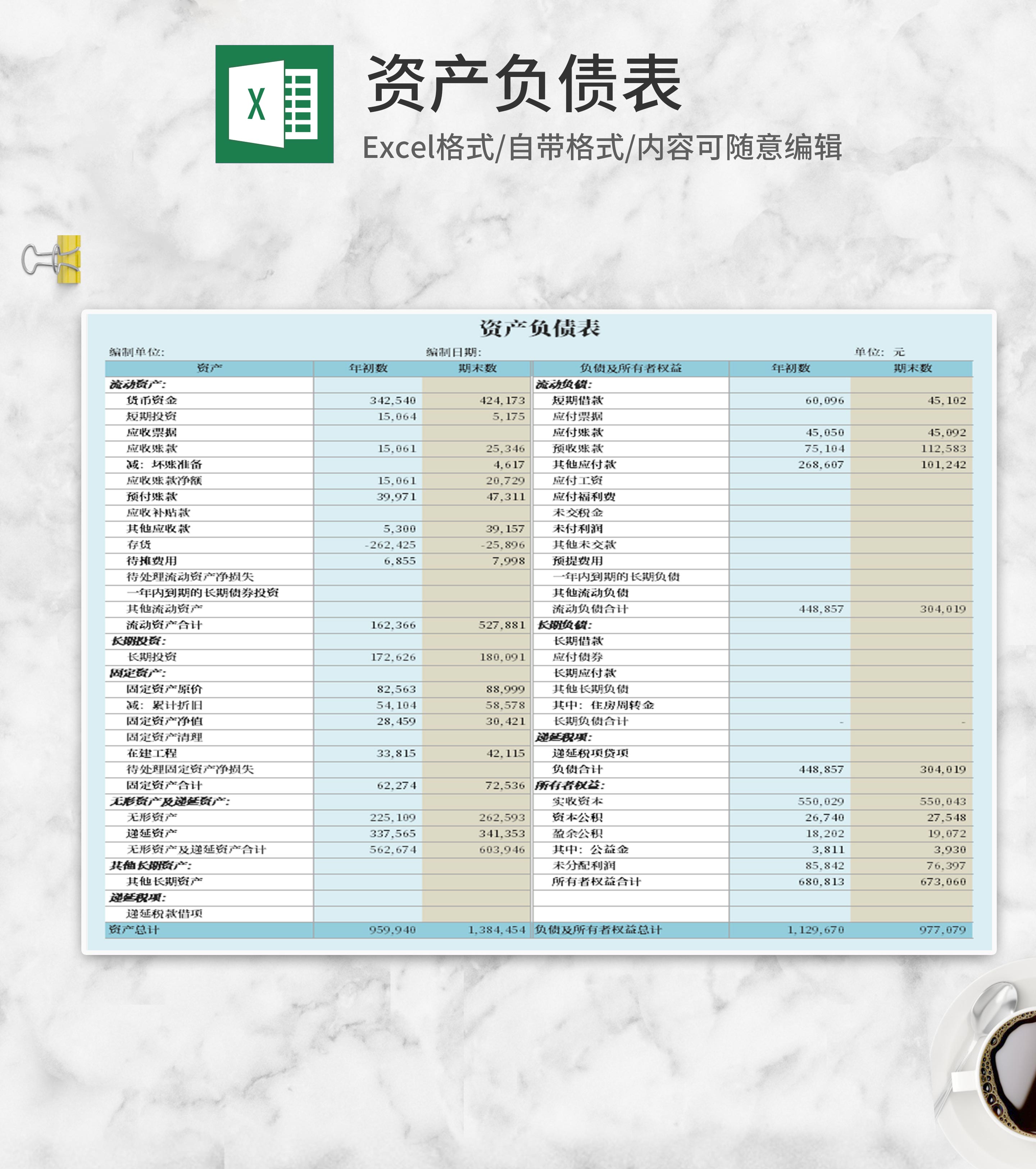 蓝色资产负债表Excel模板