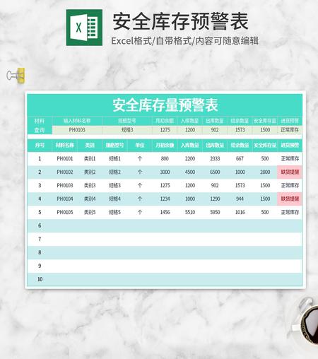 绿色安全库存预警表Excel模板