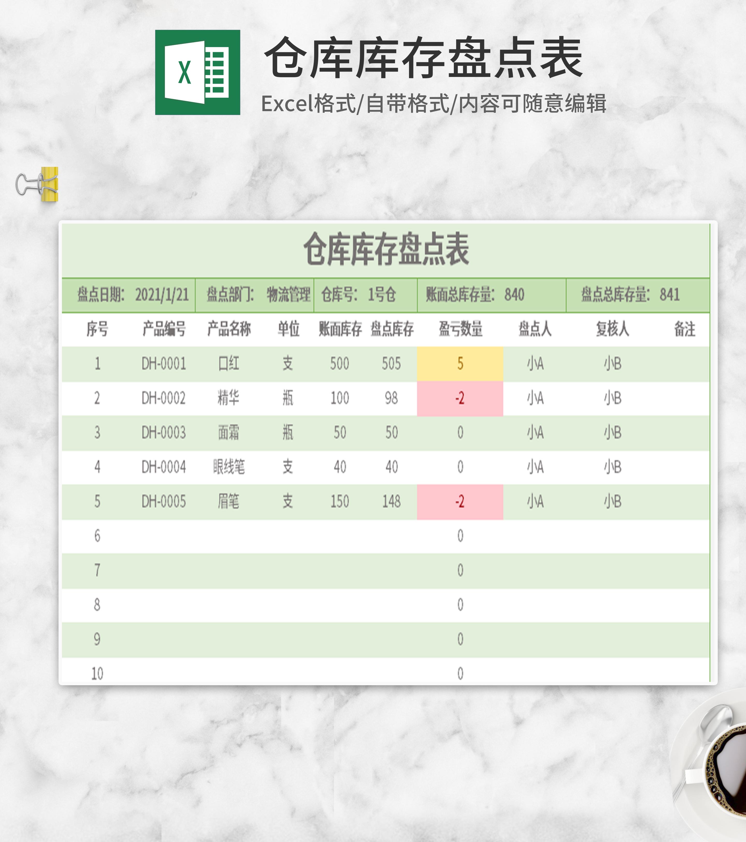 绿色仓库库存盘点表Excel模板