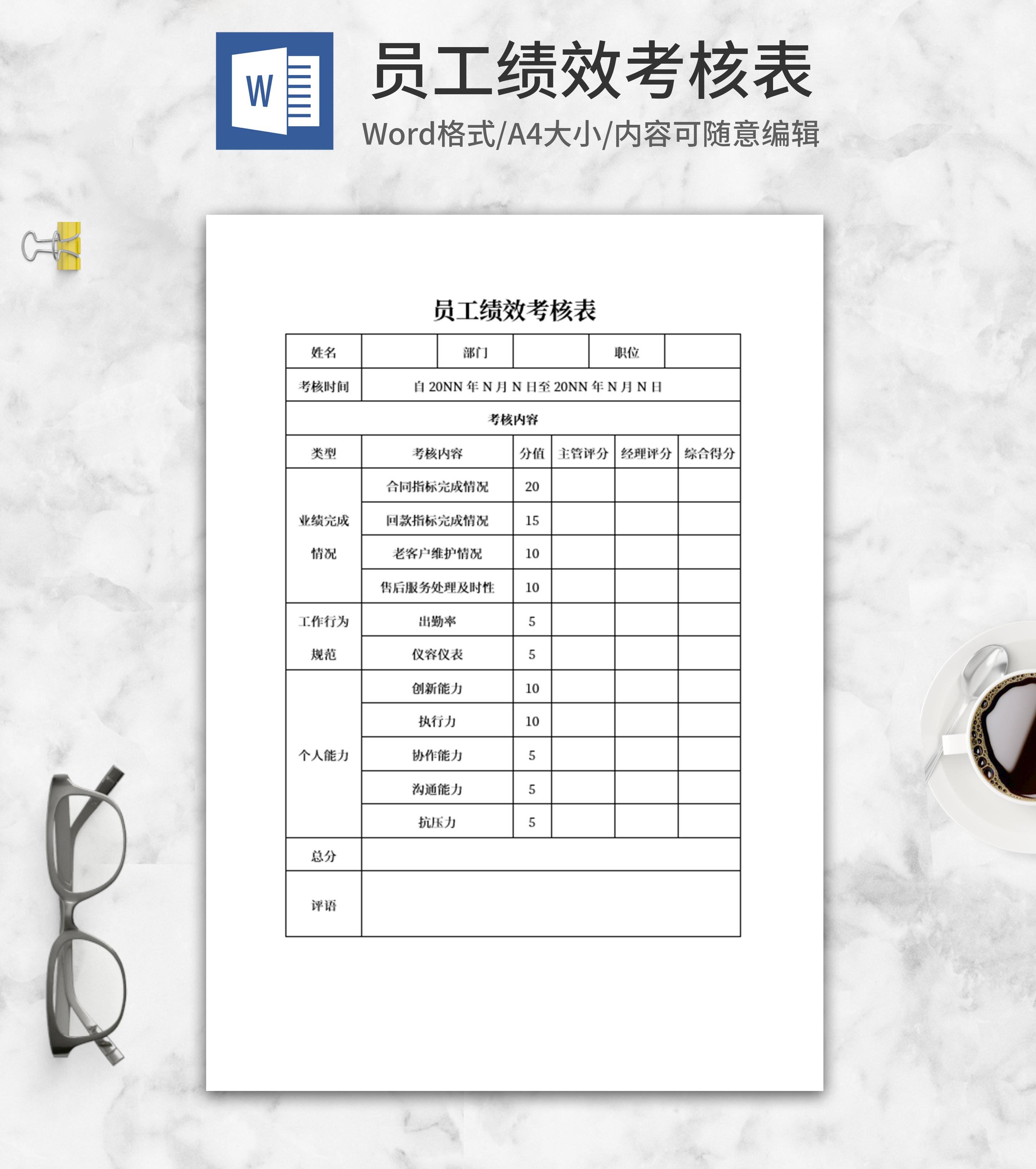 公司员工绩效考核表word模板