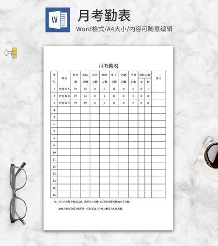 员工月考勤表word模板