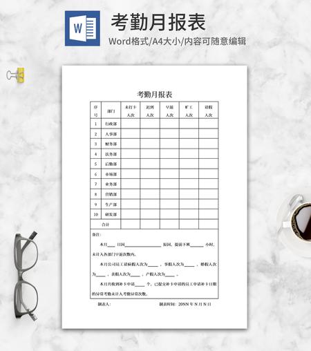 员工考勤月报表word模板