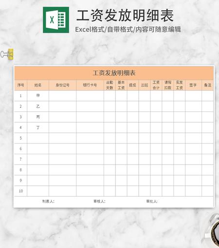 黄色工资发放明细表Excel模板