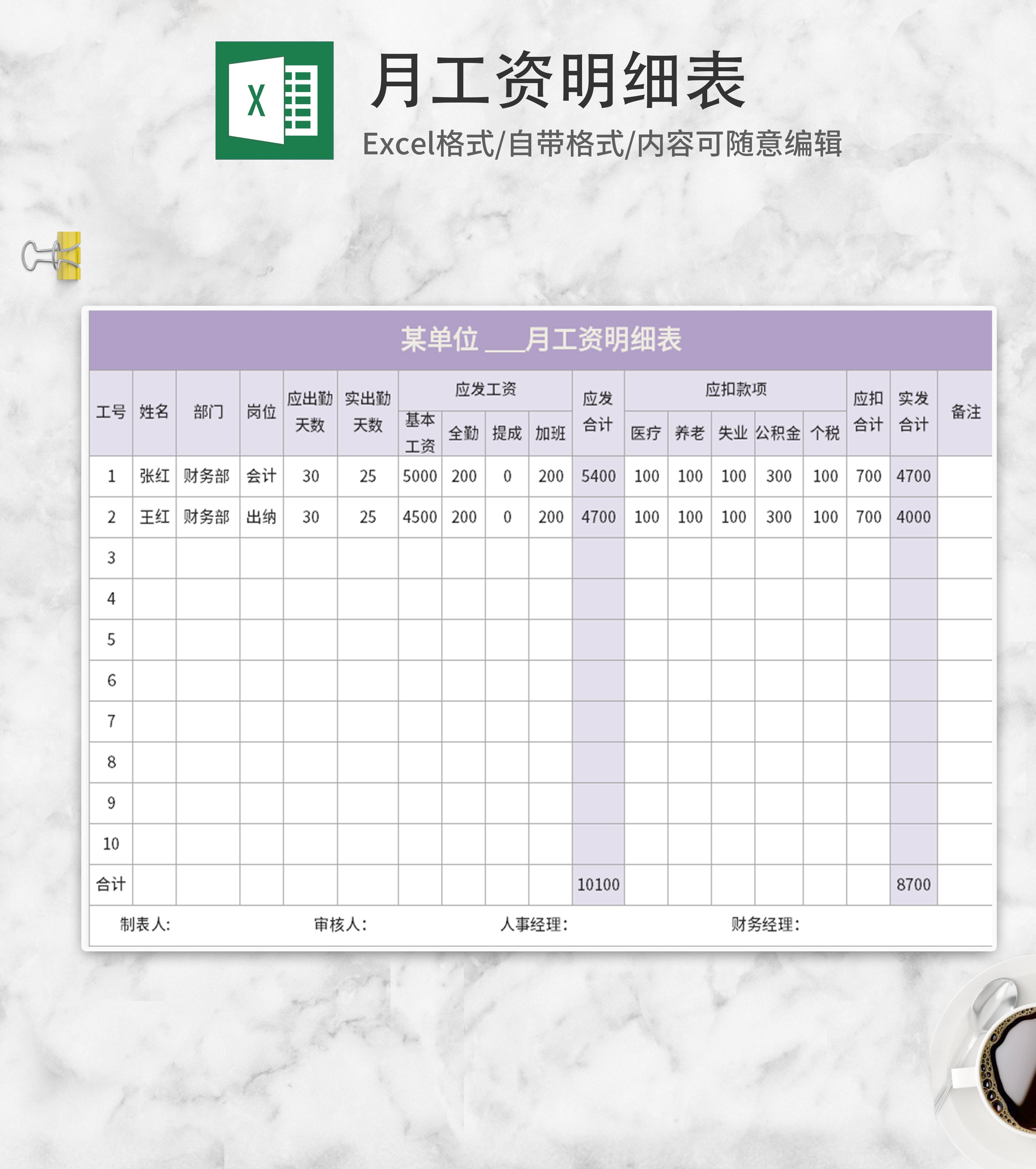 紫色单位月工资明细表Excel模板