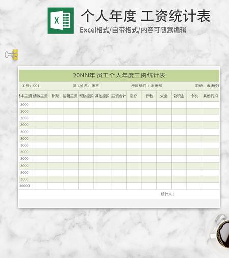 绿色员工个人年度工资统计表Excel模板