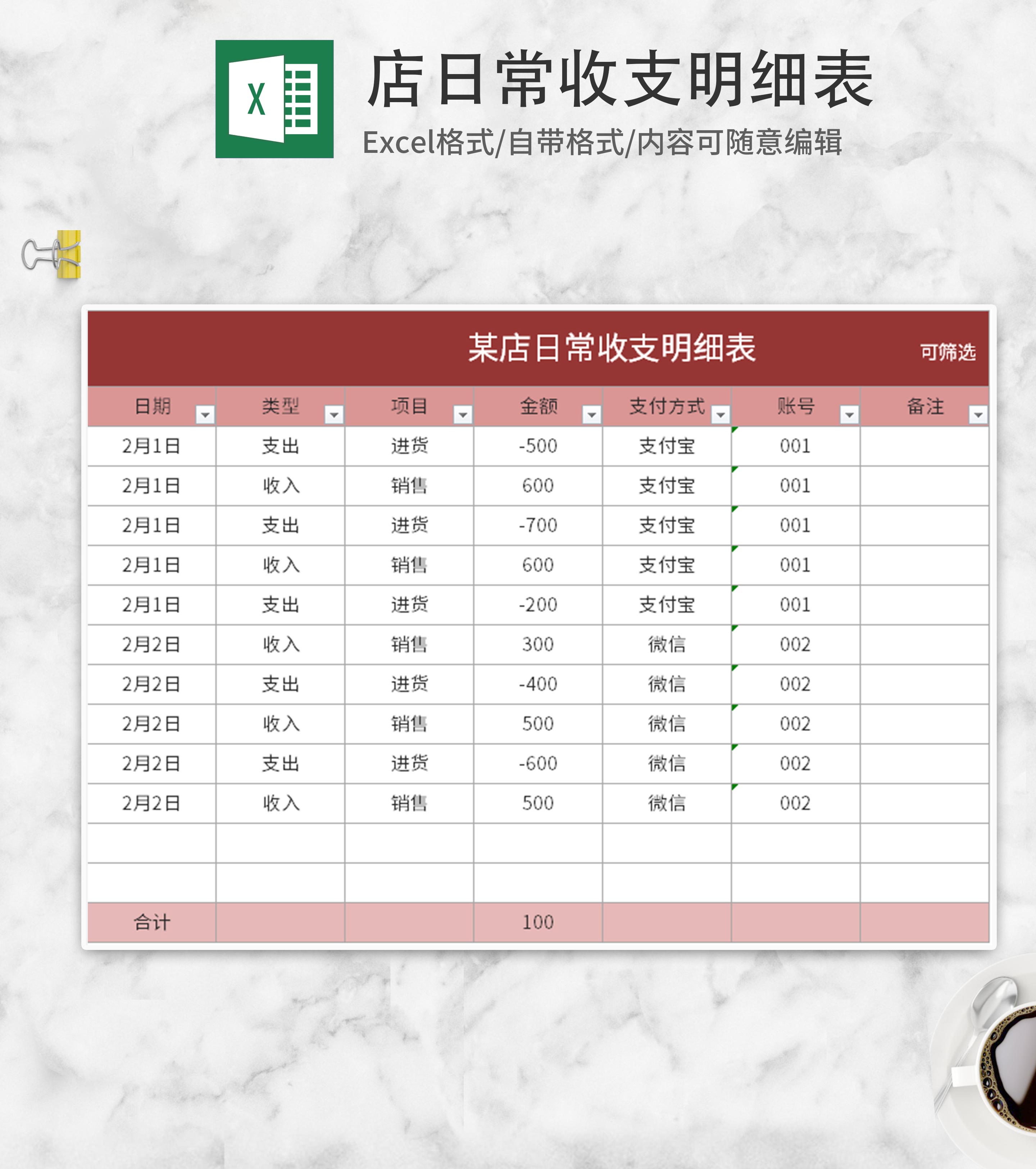 红色店铺日常收支明细表Excel模板