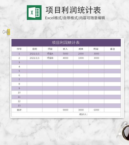 紫色项目利润统计表Excel模板