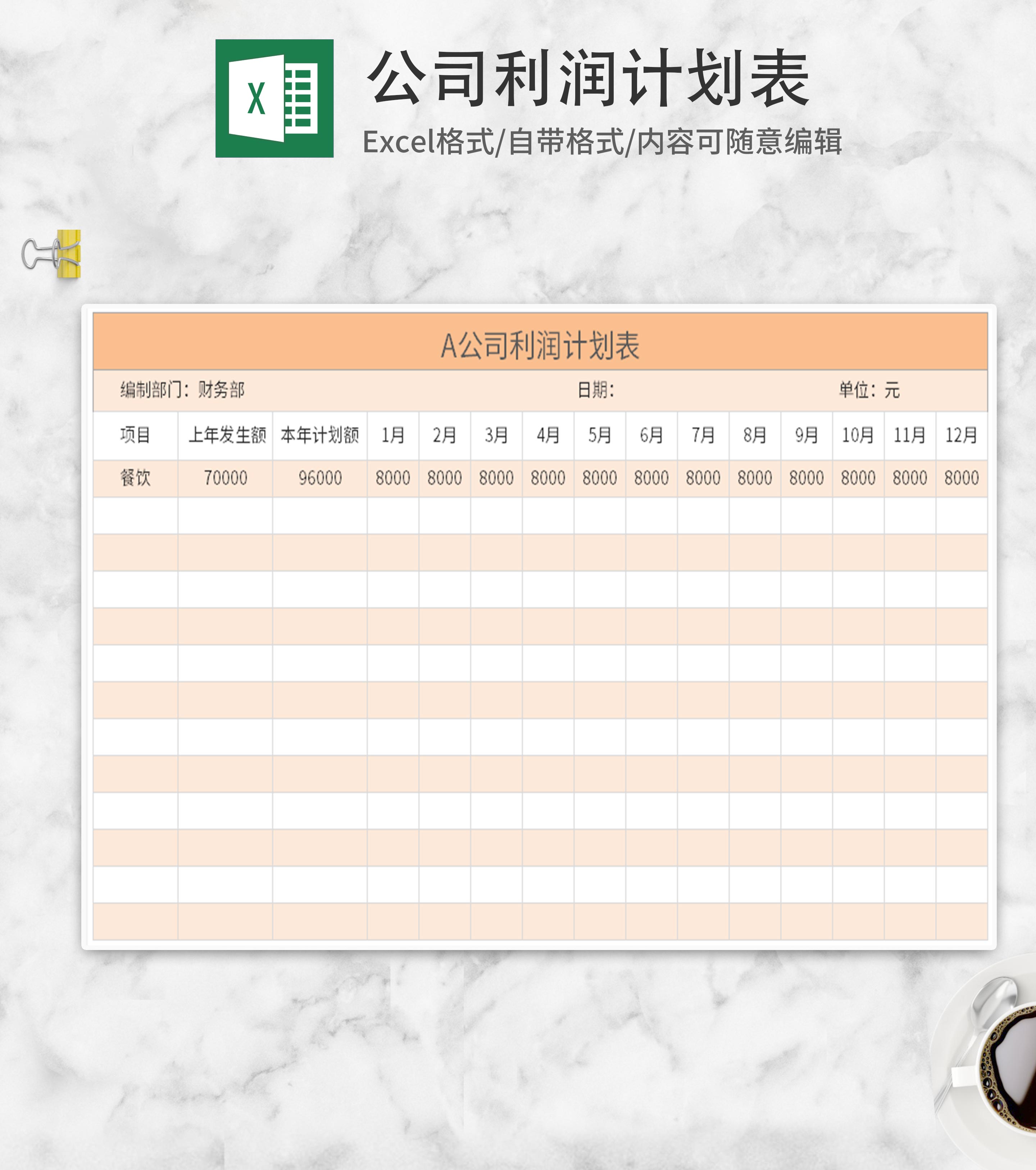 黄色公司利润计划表Excel模板