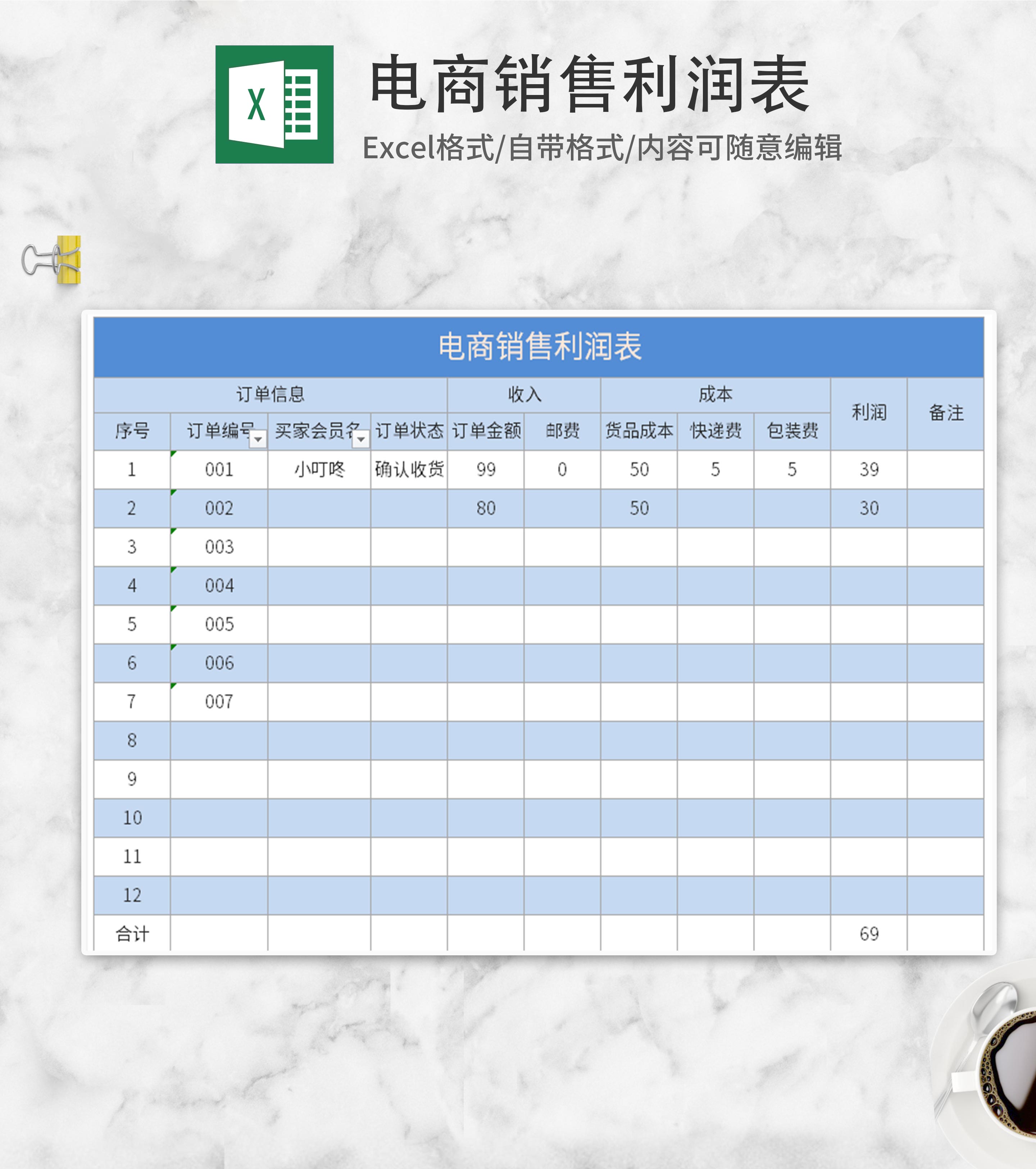 蓝色电商销售利润表Excel模板