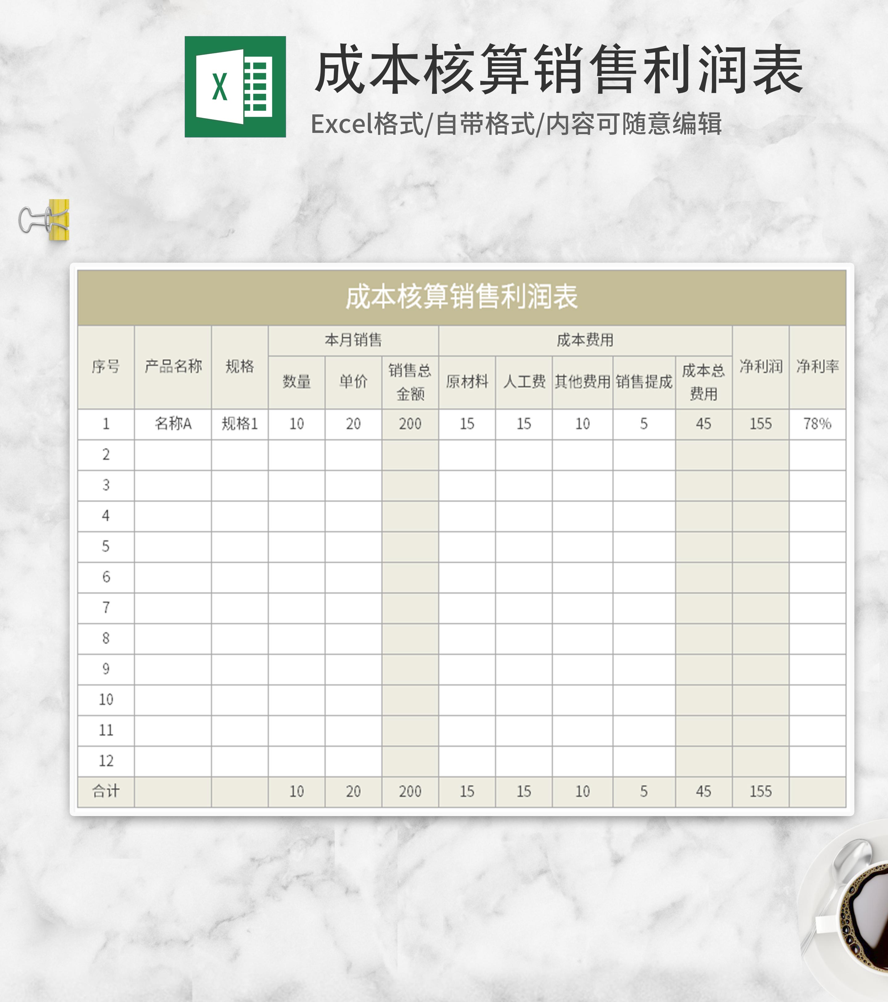 成本核算销售利润表Excel模板