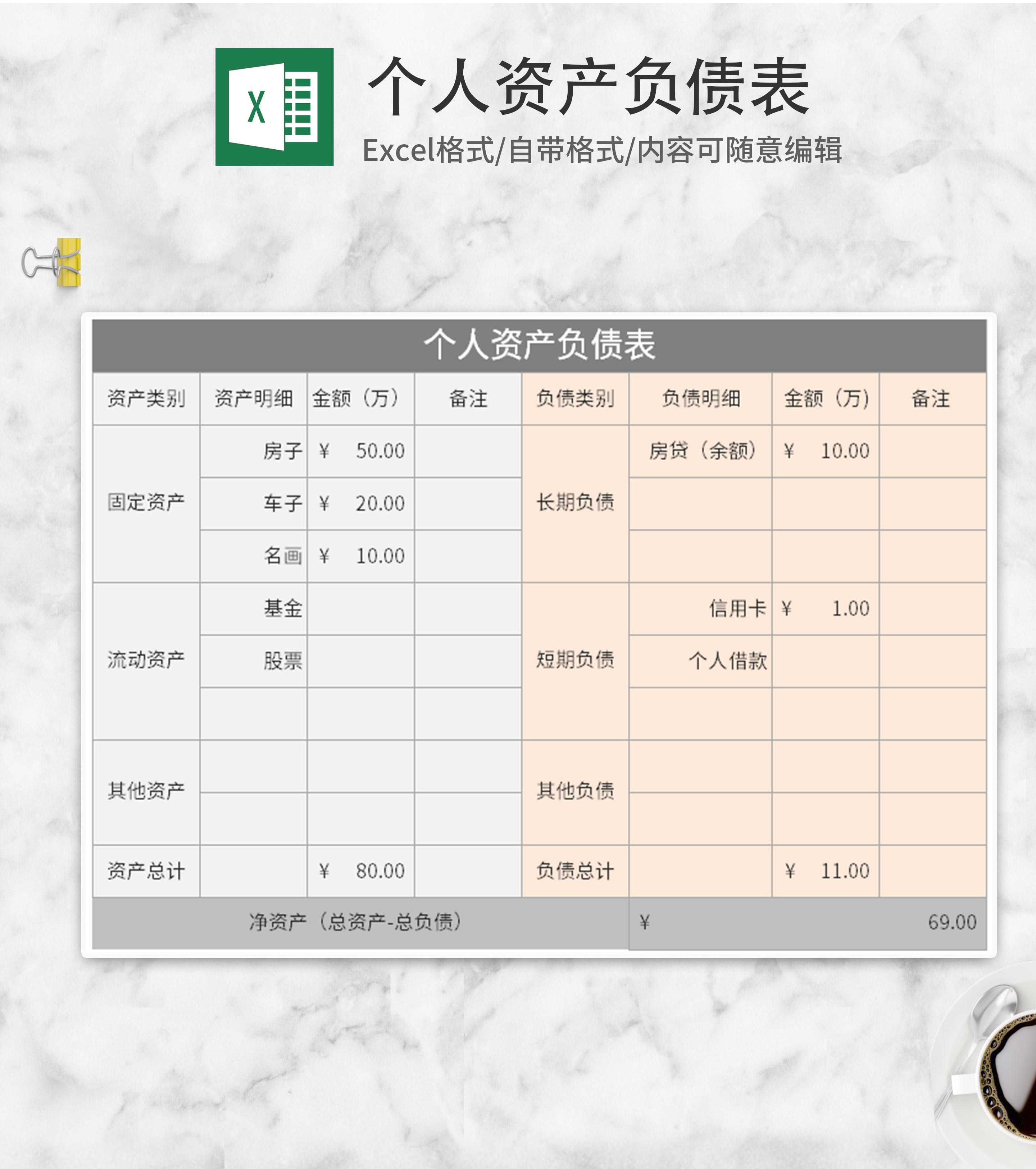 个人资产负债表Excel模板