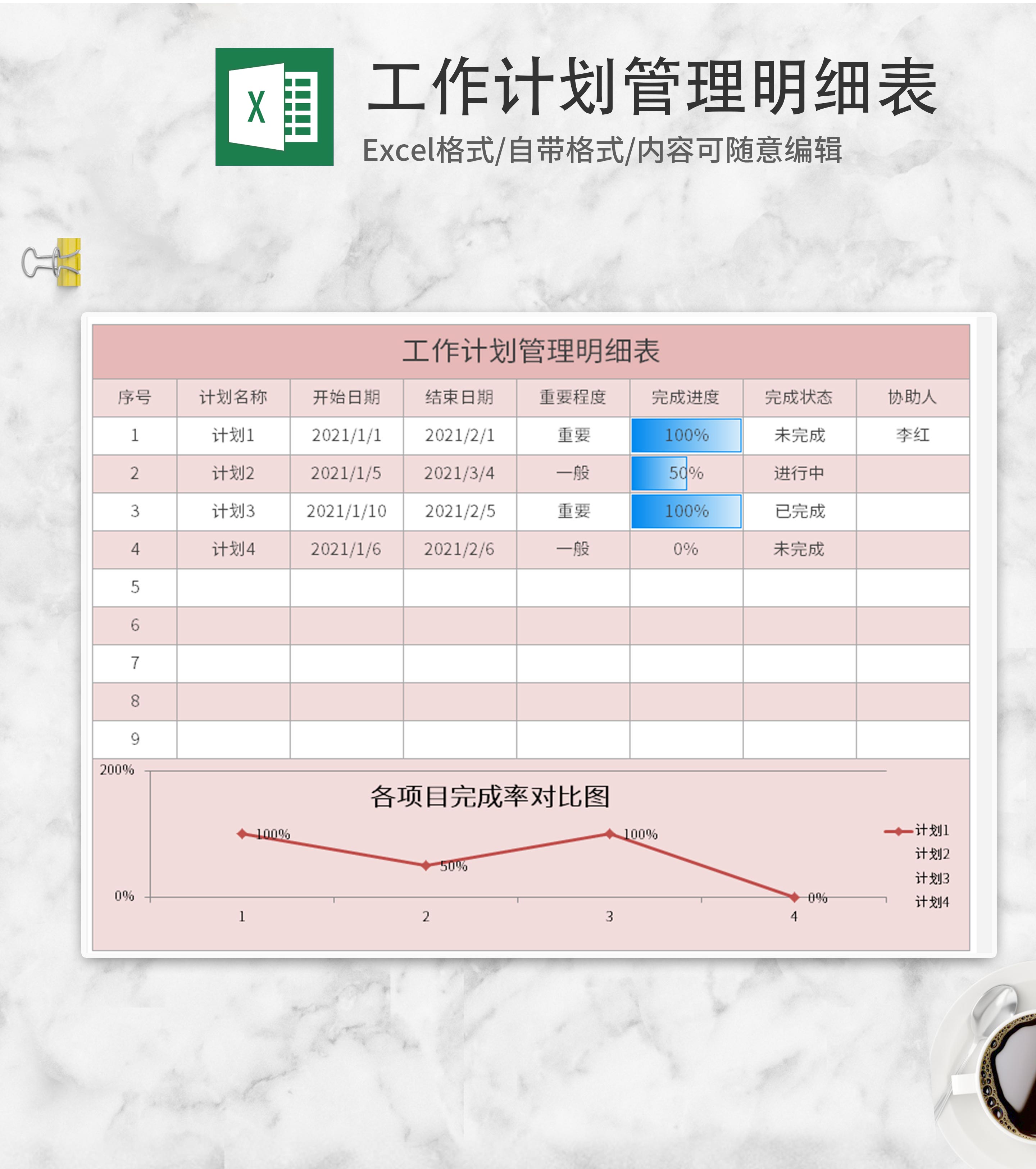 粉色工作计划管理明细表Excel模板