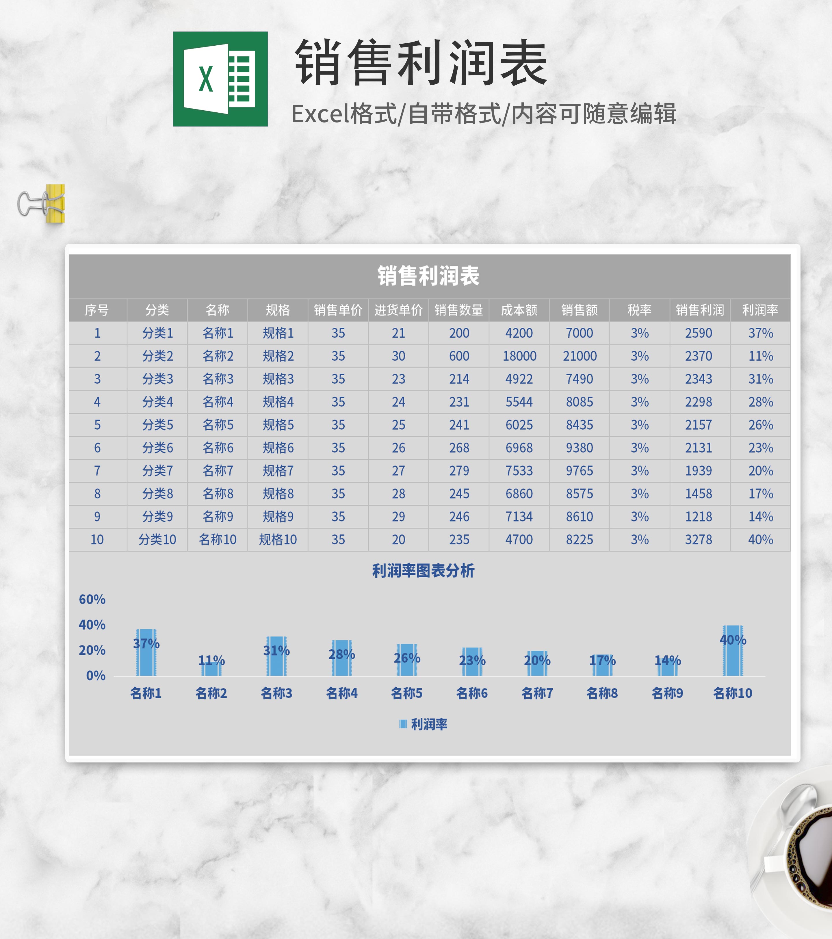 灰色销售利润表Excel模板