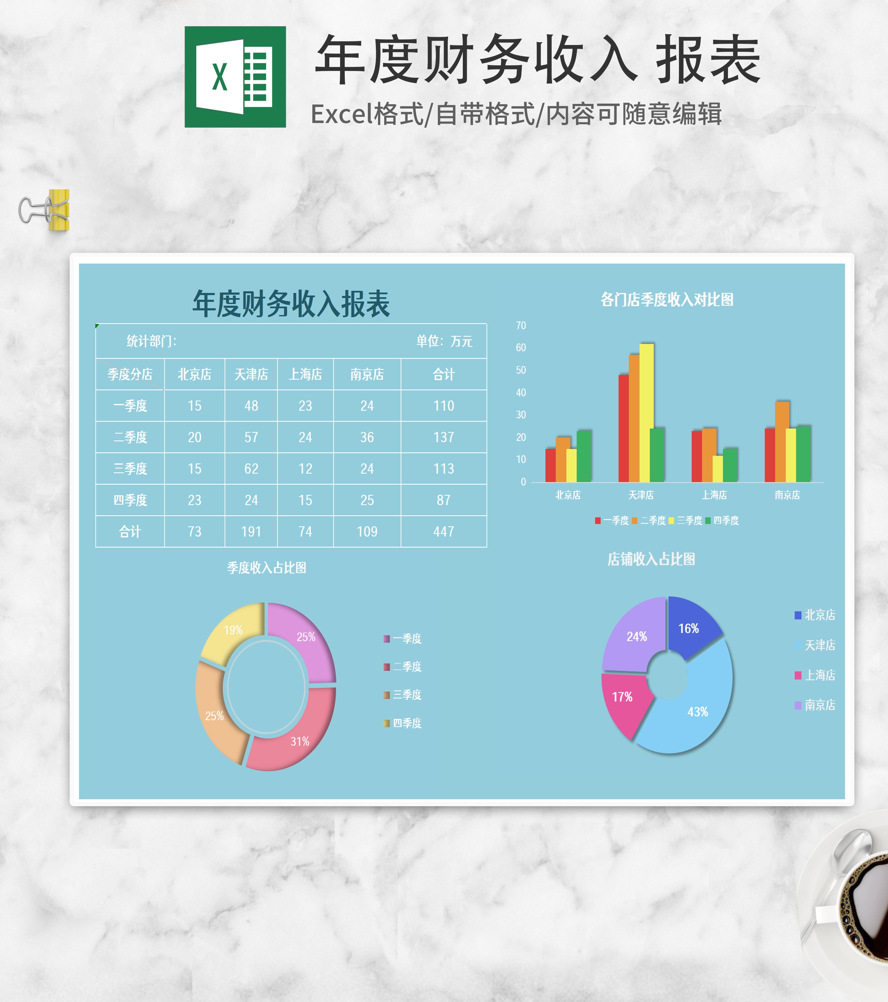 蓝色年度财务收入报表Excel模板