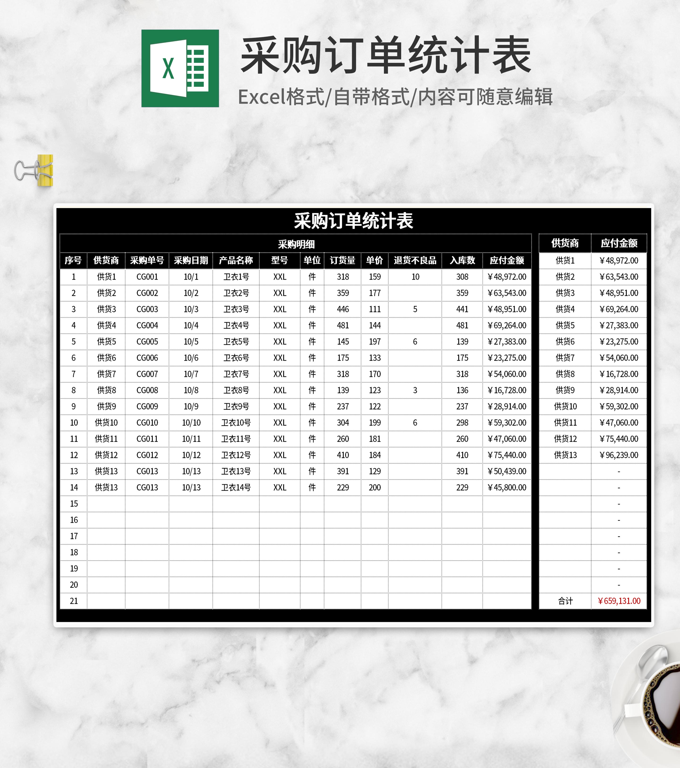 黑色采购订单统计表Excel模板
