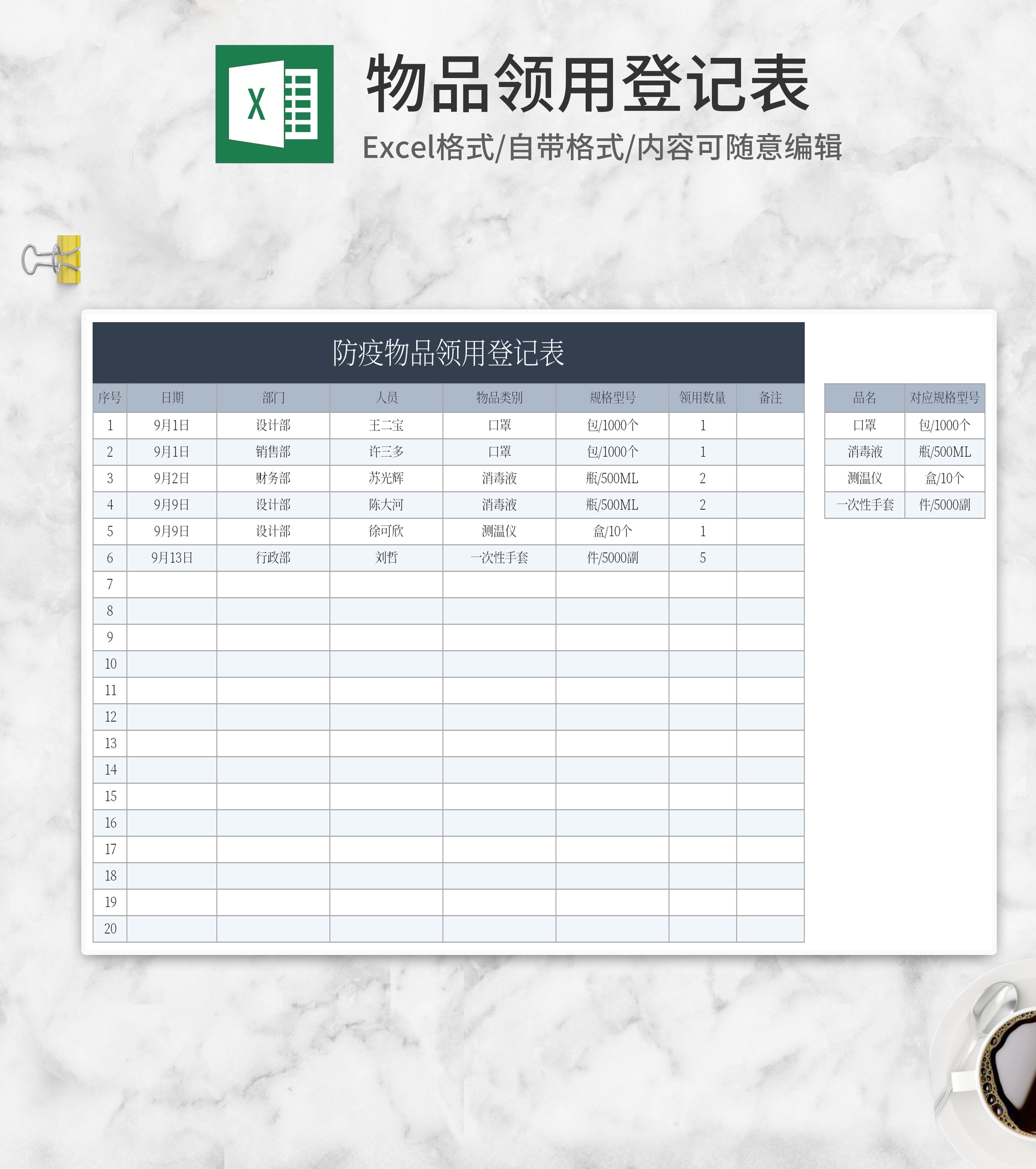 防疫物品领用登记表Excel模板