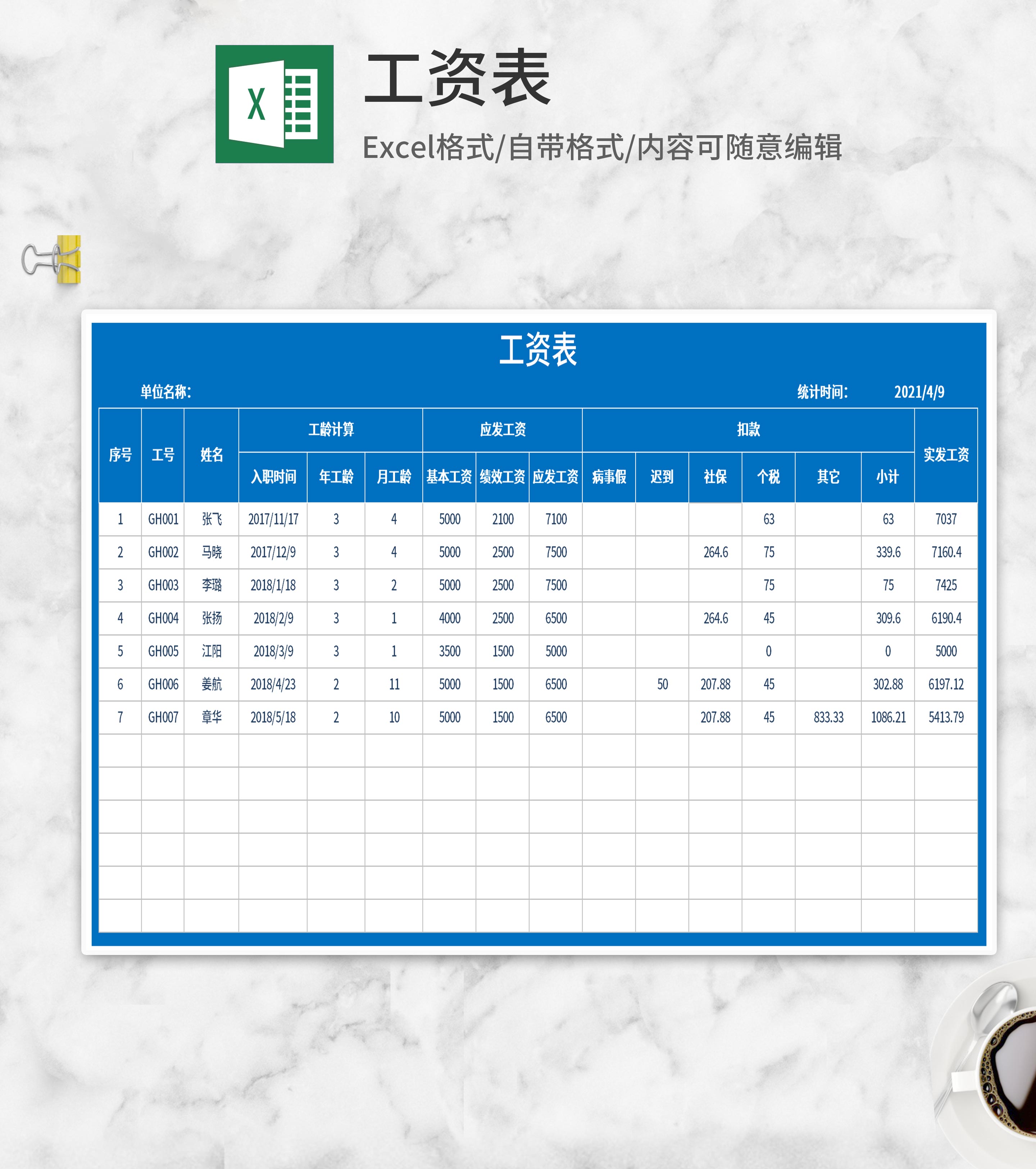 蓝色员工工资表Excel模板
