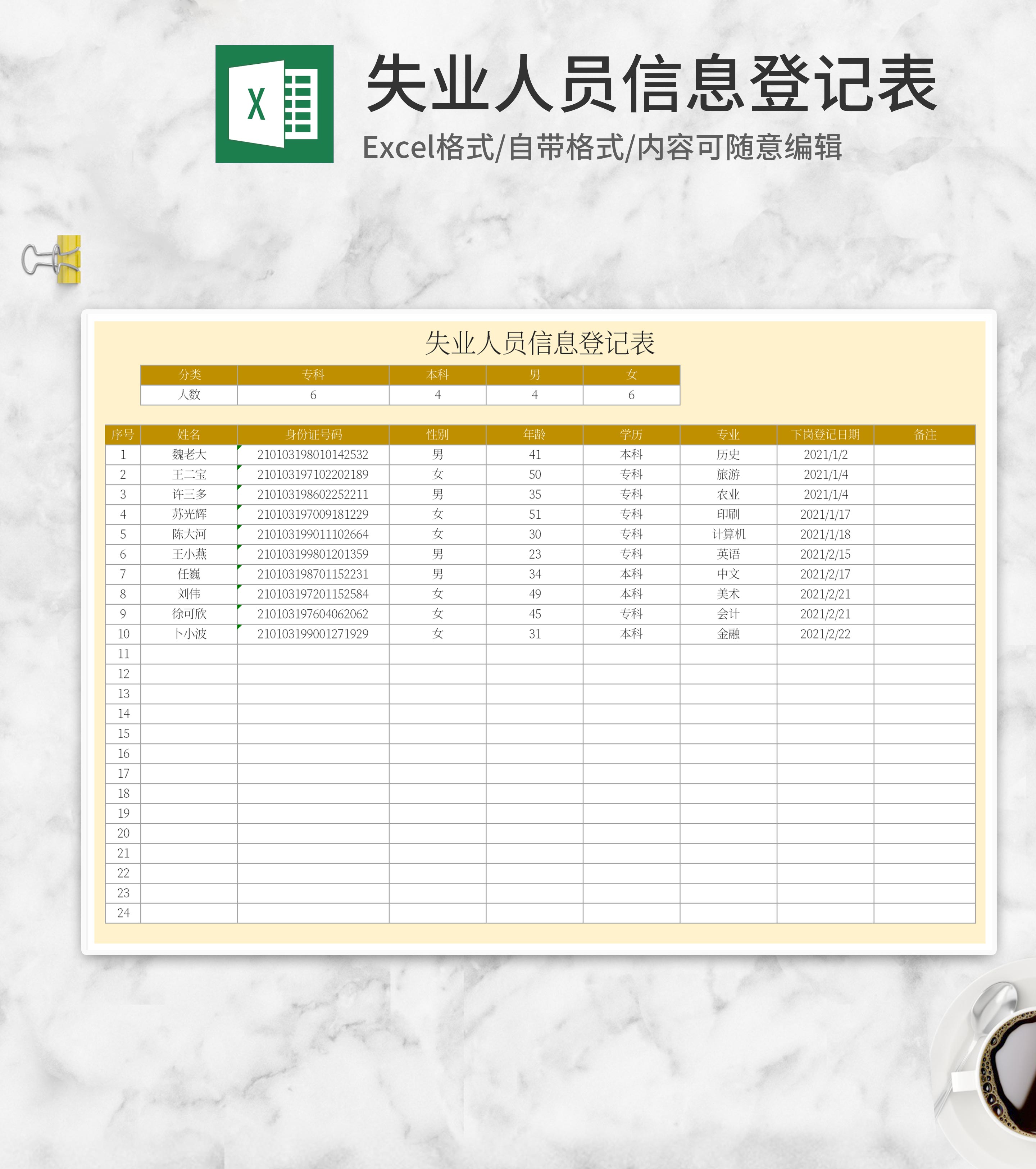 黄色失业人员信息登记表Excel模板