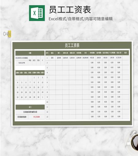 绿色边框员工工资表Excel模板