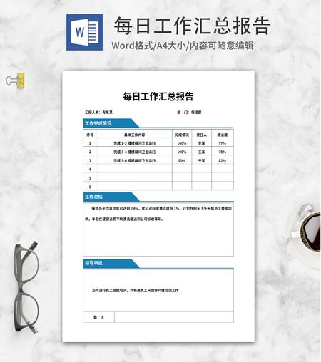 蓝色标签保洁工作汇总报告word模板
