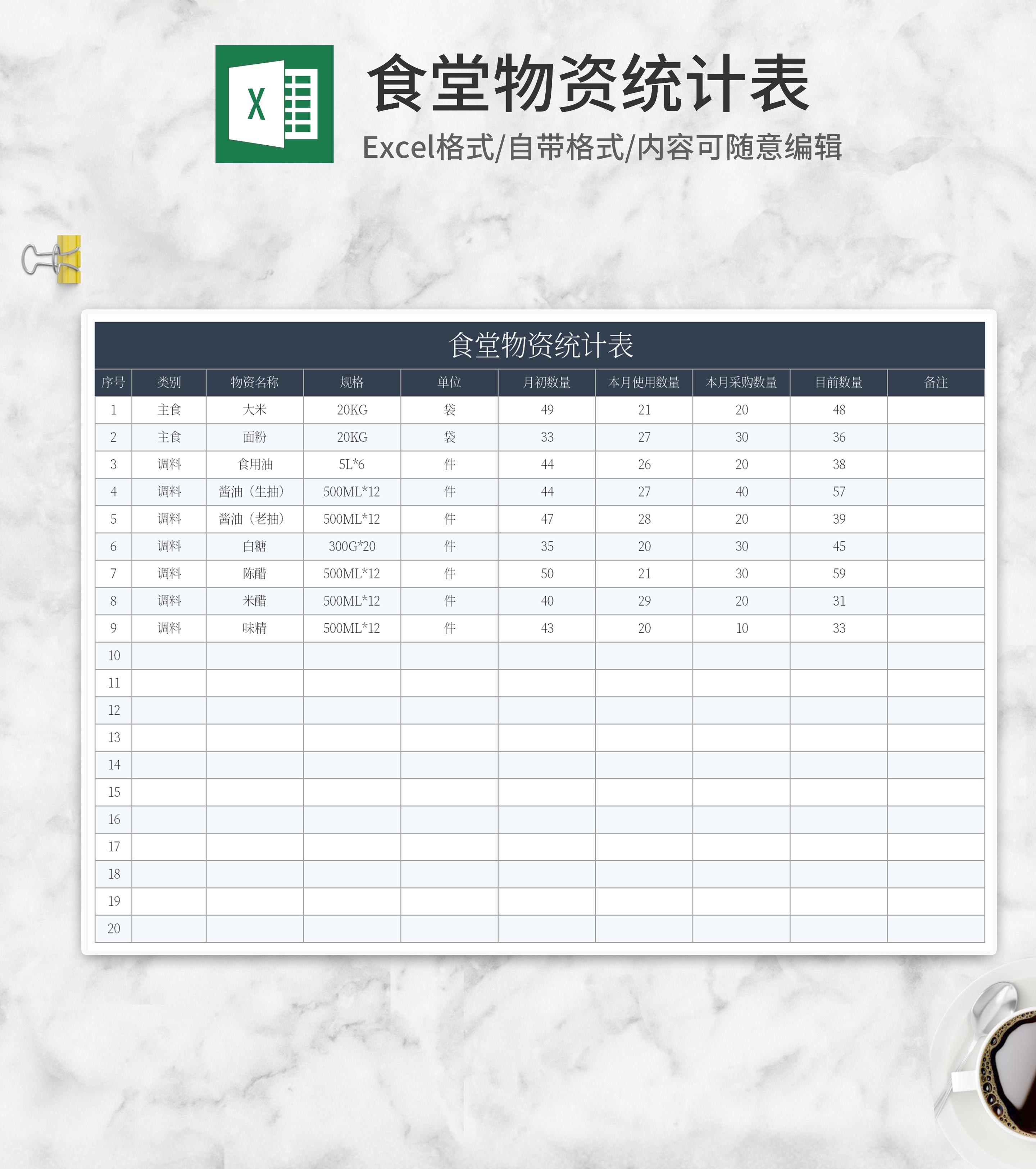 食堂物资统计表Excel模板