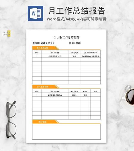 黄色标签销售部月总结报告word模板