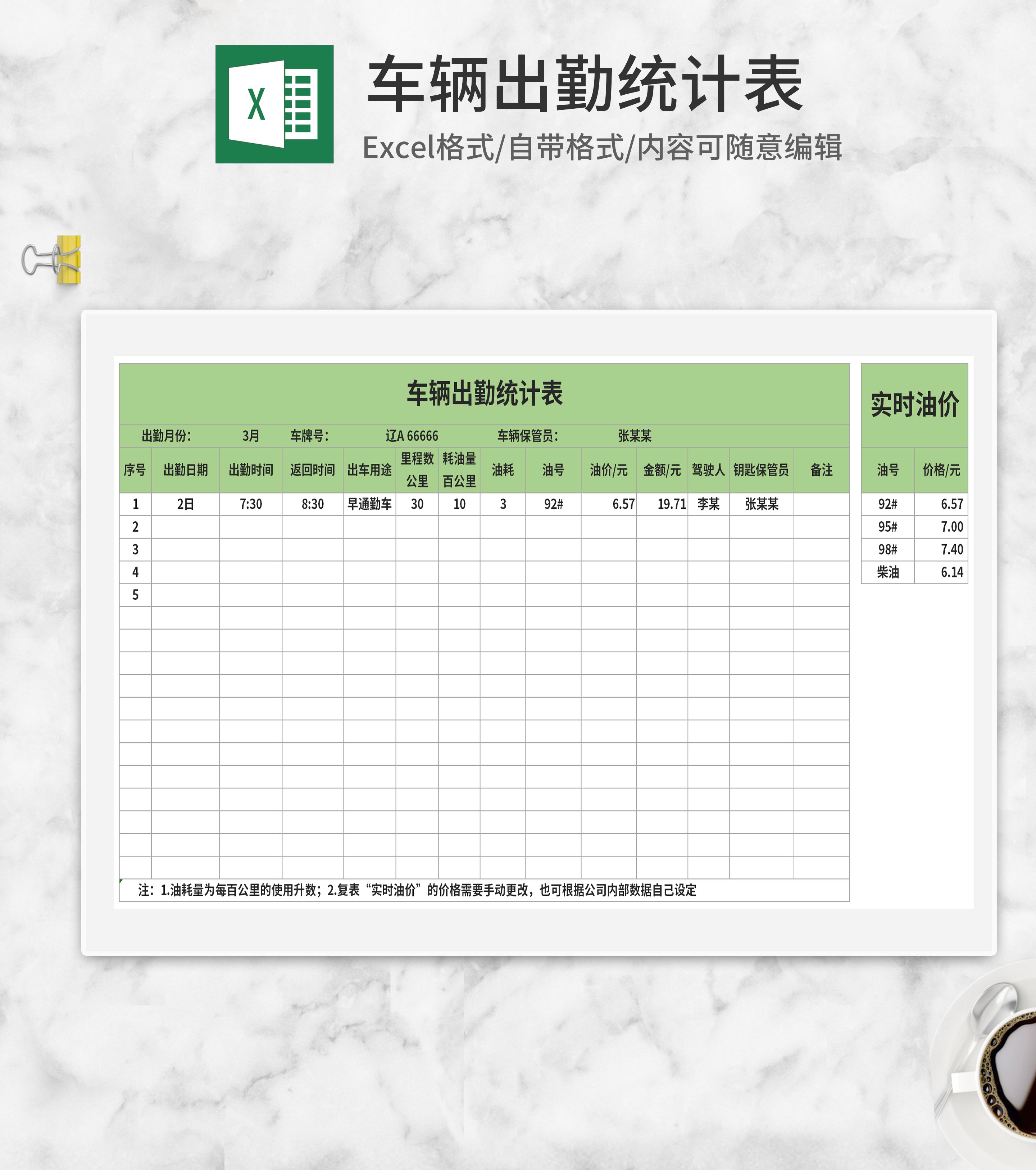 绿色车辆出勤统计表Excel模板