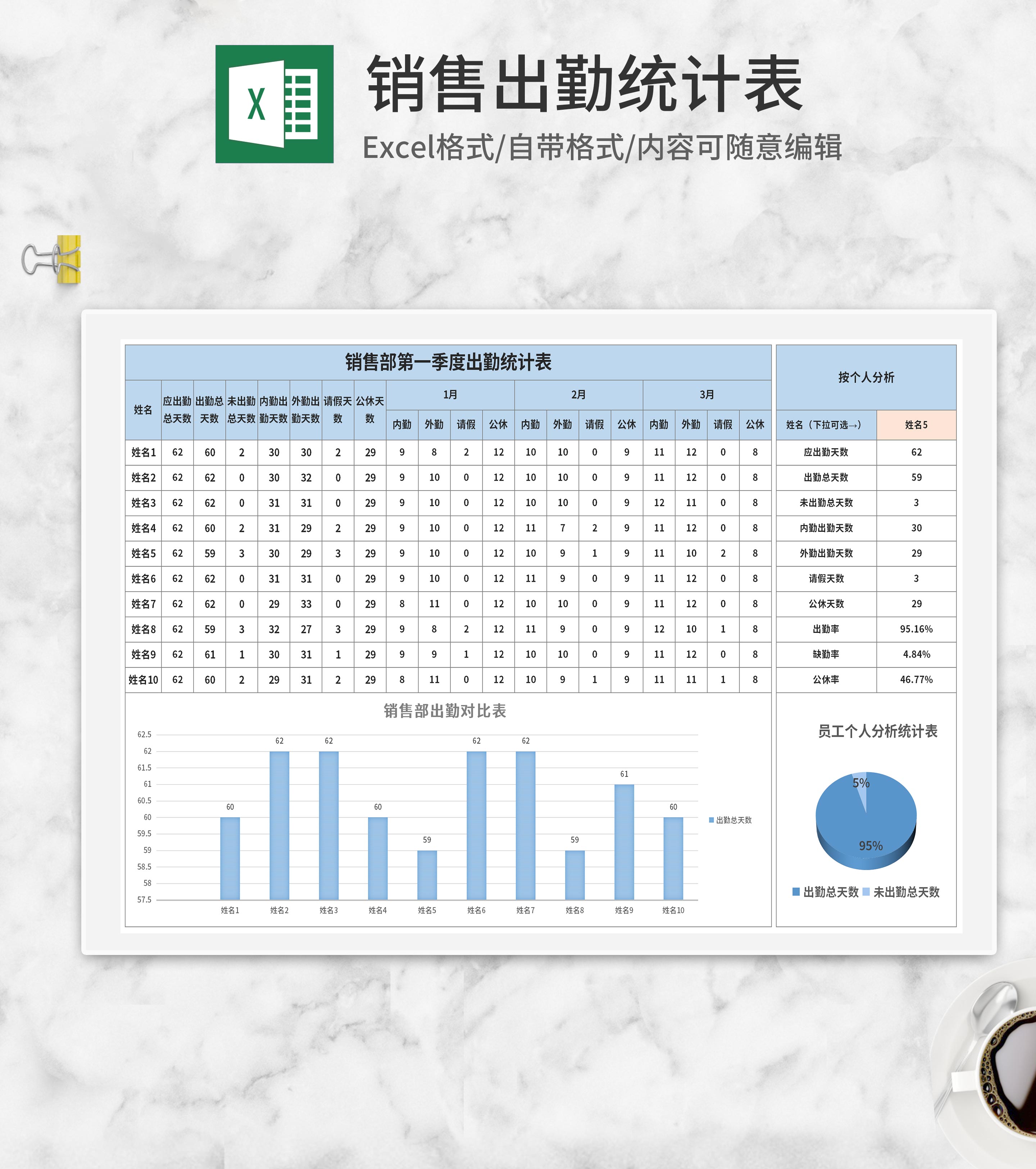 蓝色销售出勤统计表Excel模板