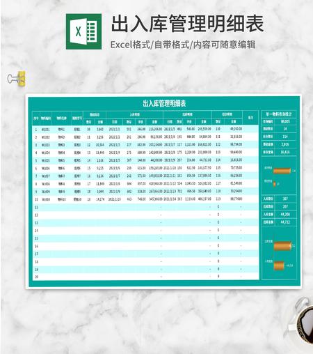 青色出入库管理明细表Excel模板