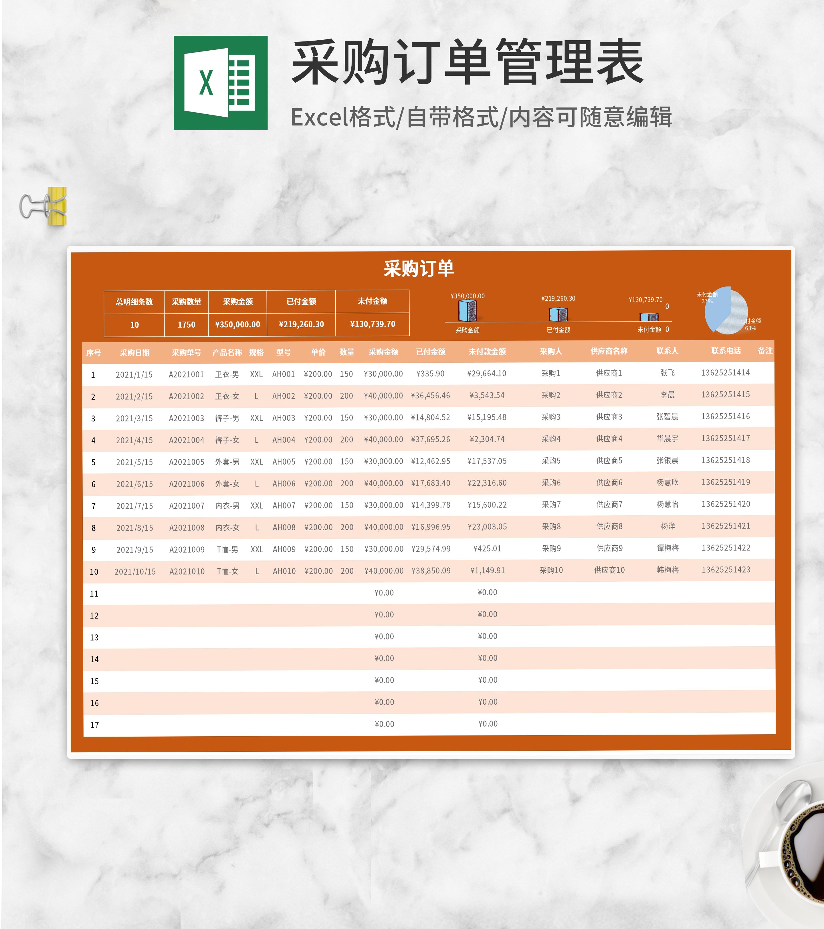橘色采购订单管理表Excel模板