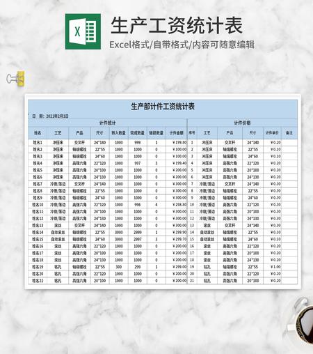蓝色生产计件工资统计表Excel模板