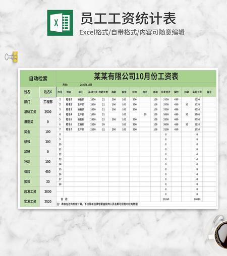 绿色公司员工工资统计表Excel模板
