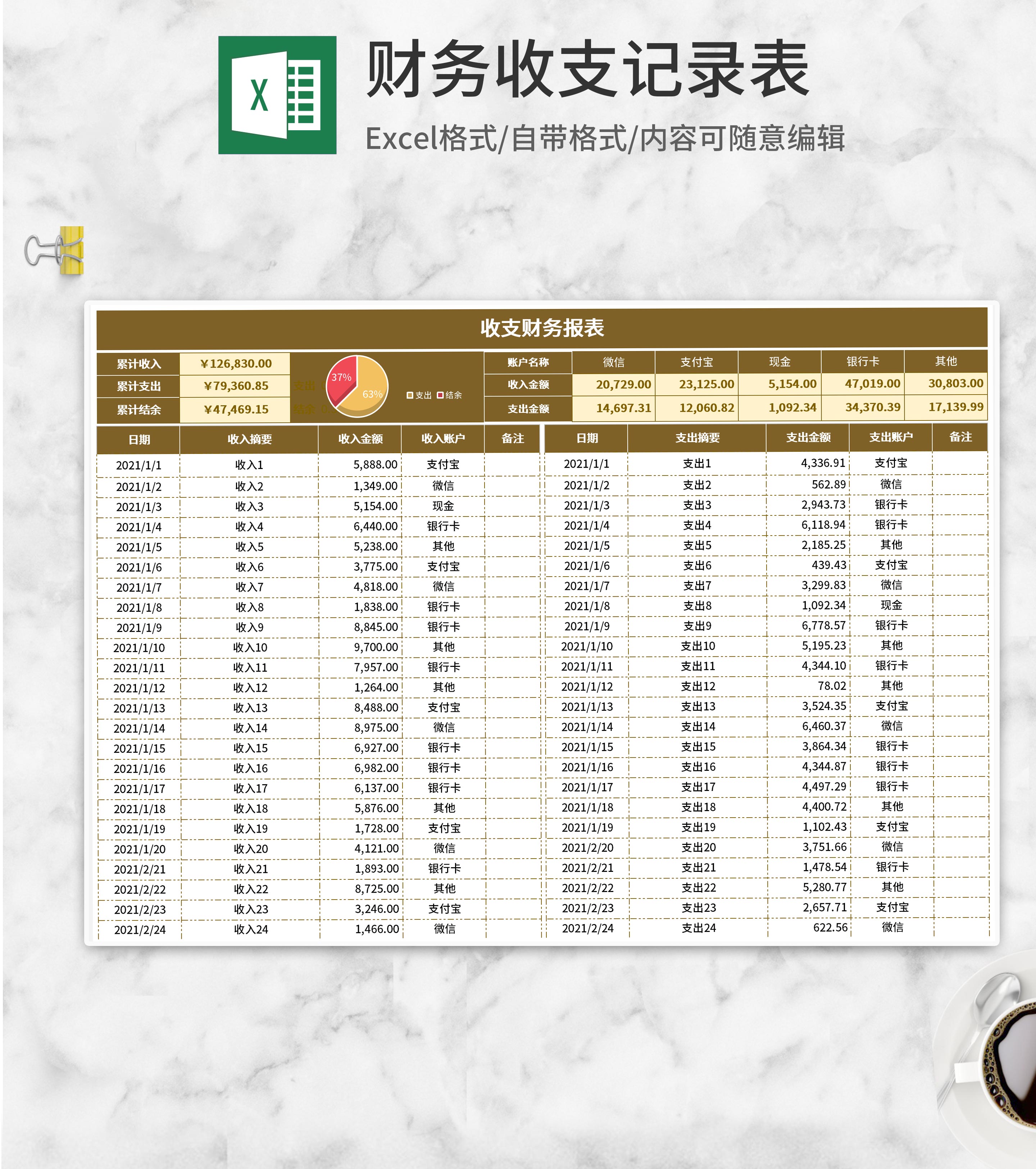 棕色财务收支记录表Excel模板