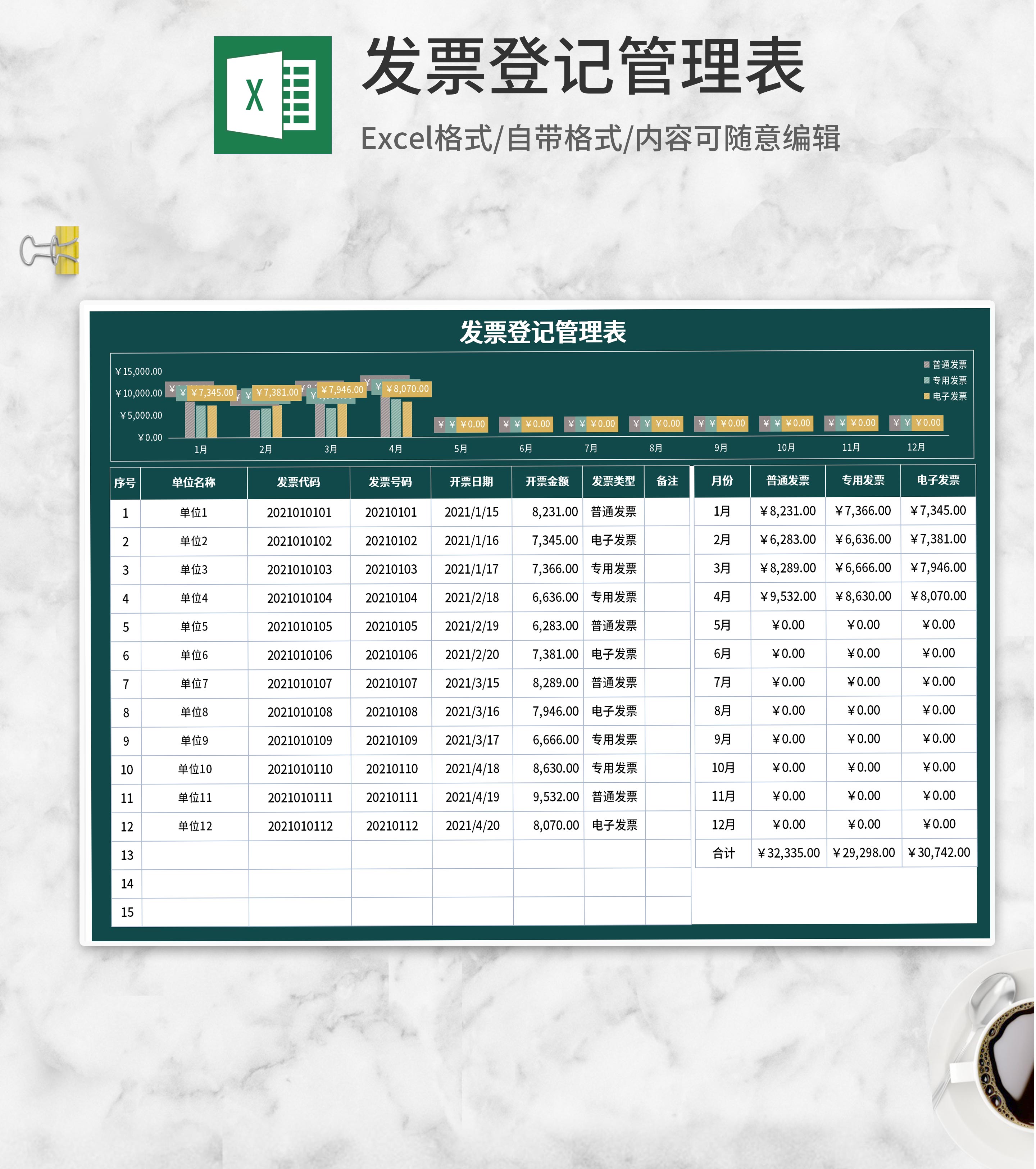 绿色发票登记管理表Excel模板