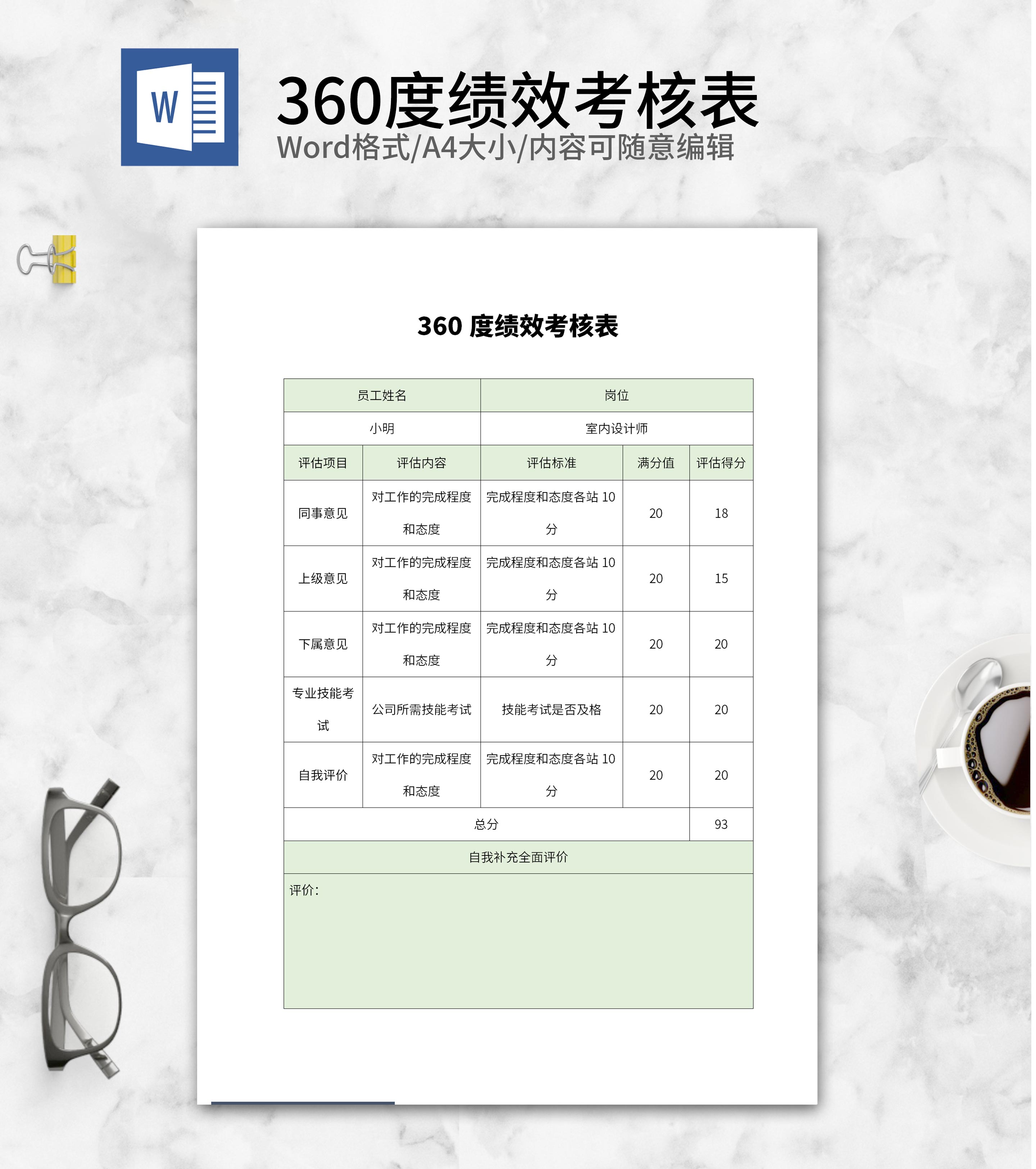 绿色员工360度绩效考核表word模板