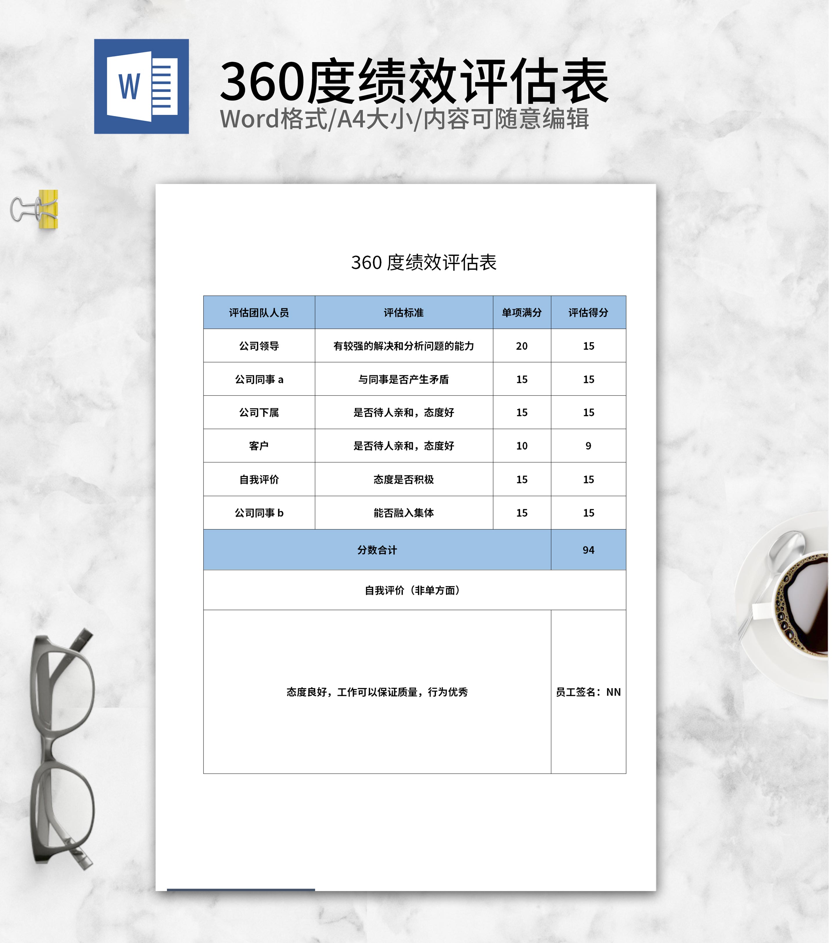 蓝色公司360度绩效评估表word模板