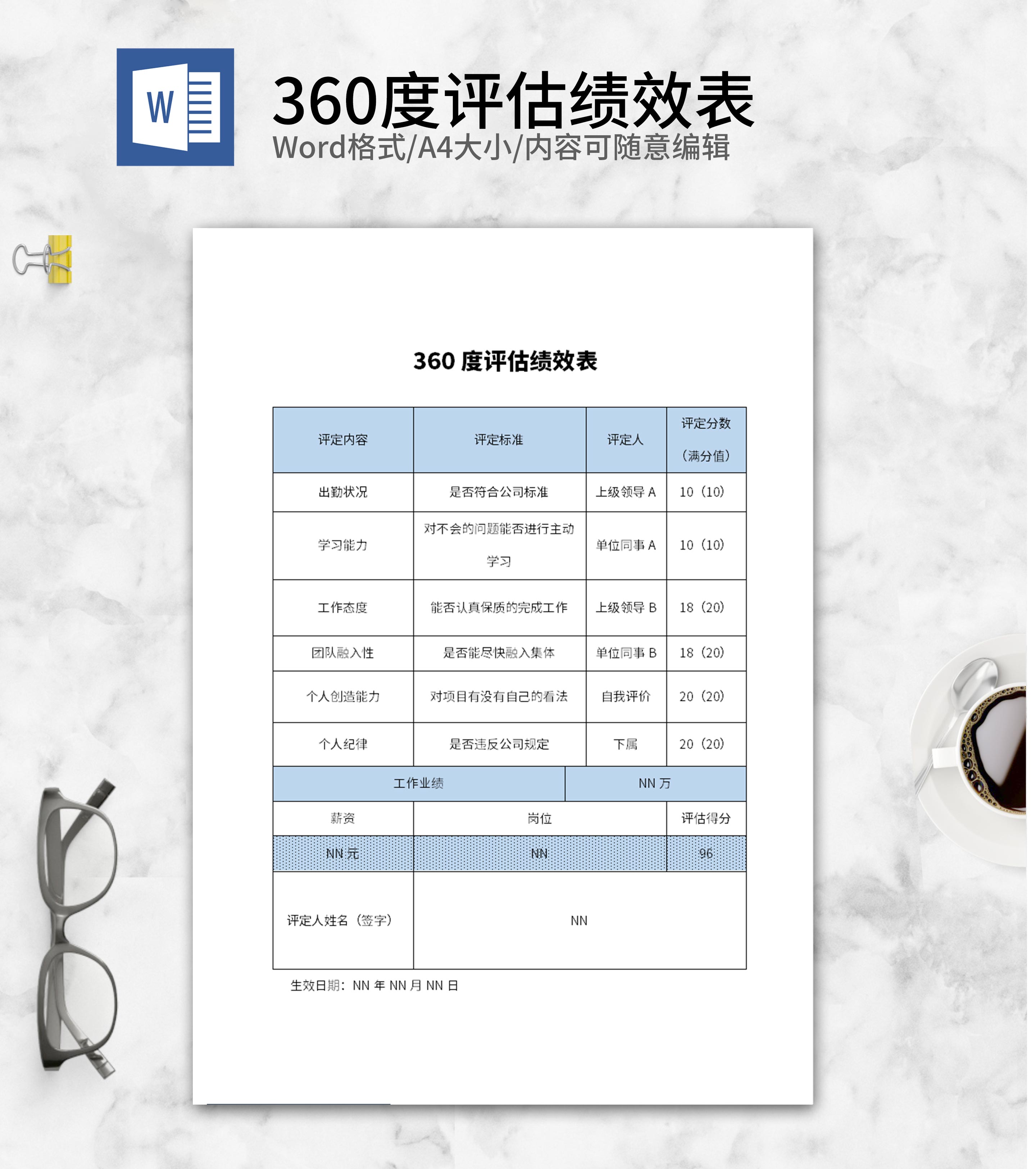 蓝色360度评估绩效表word模板