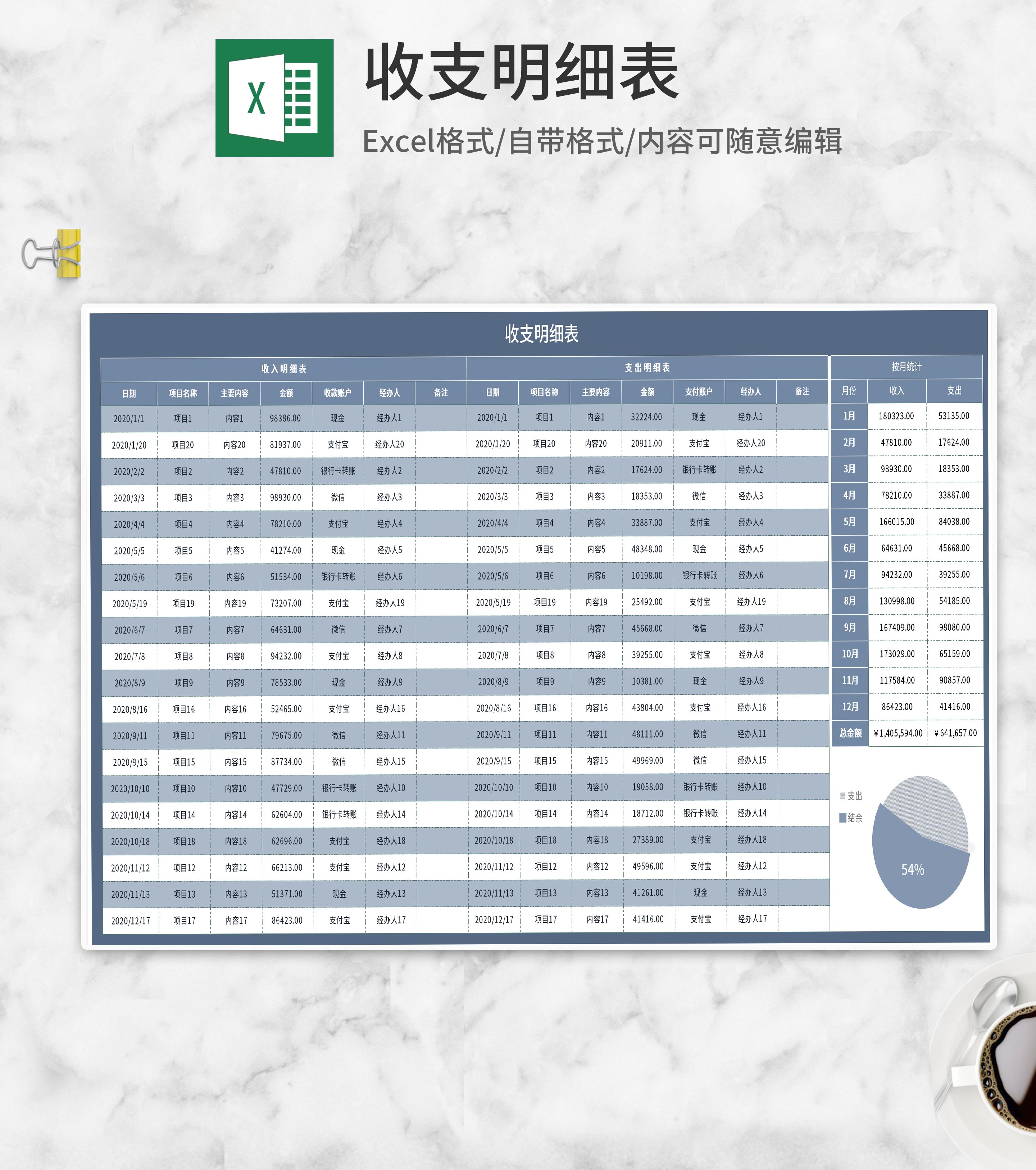 蓝色项目月度收支明细表Excel模板