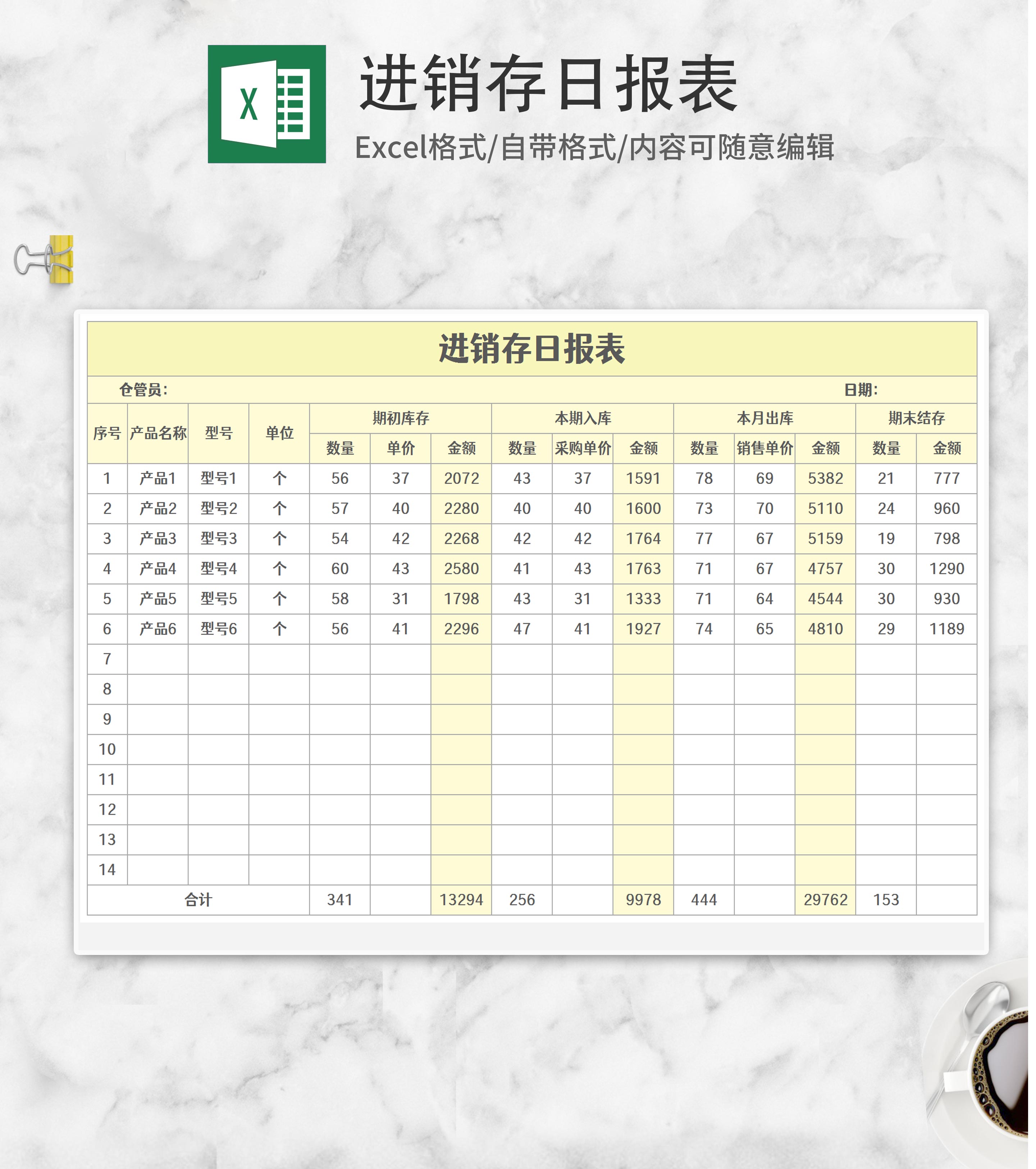 黄色产品进销存日报表Excel模板