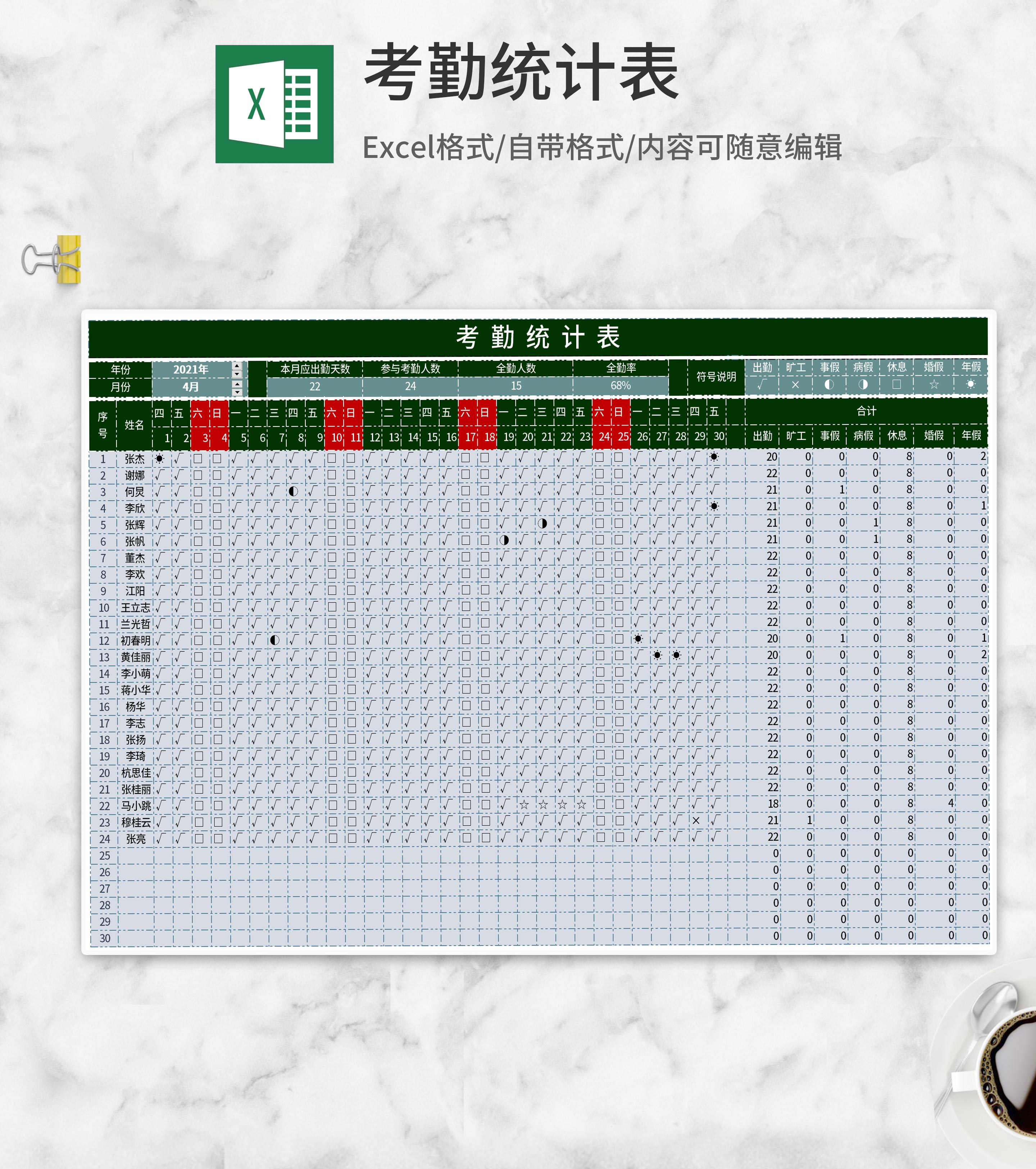 绿色员工考勤统计表Excel模板