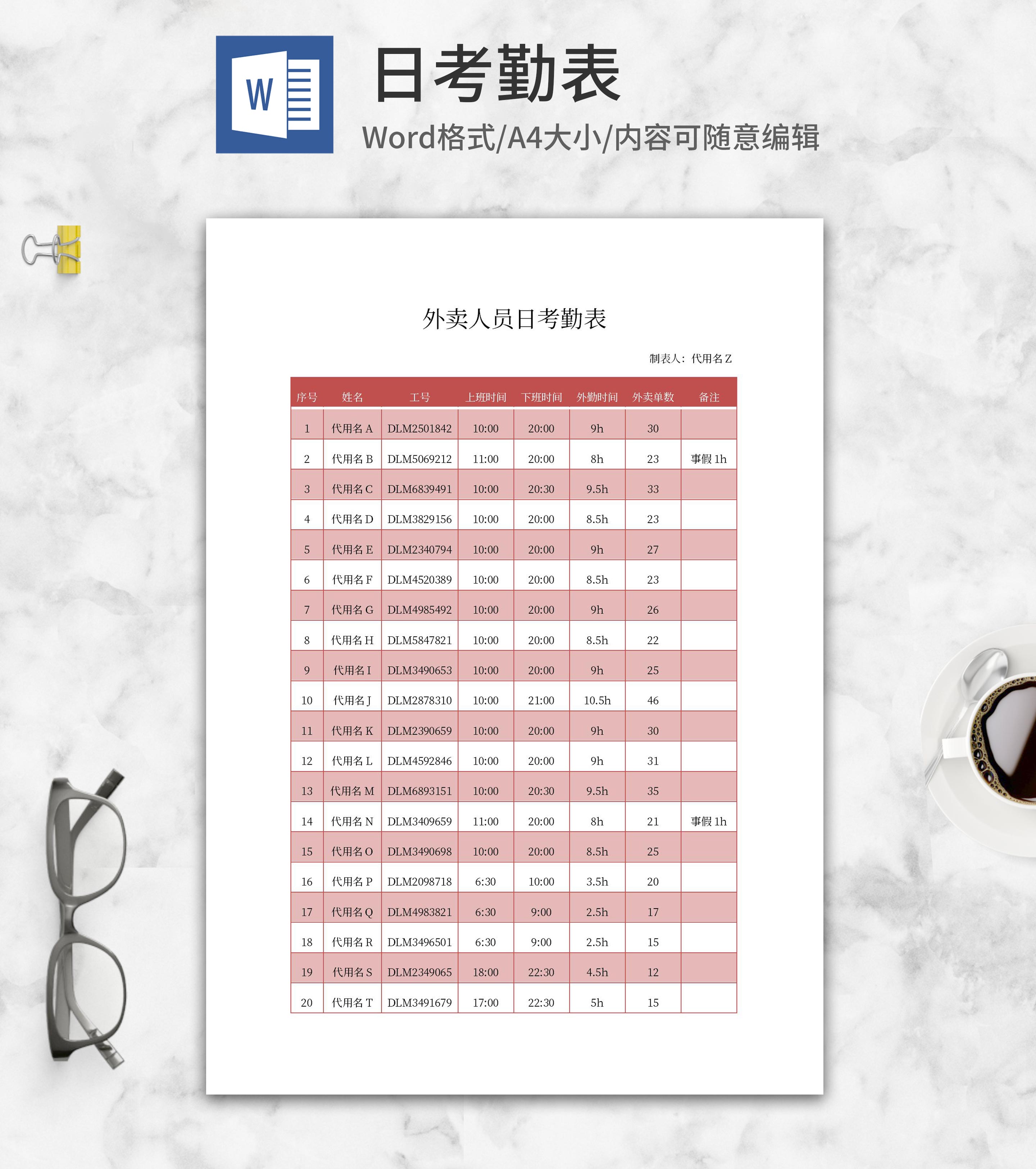 外卖人员日考勤表word模板