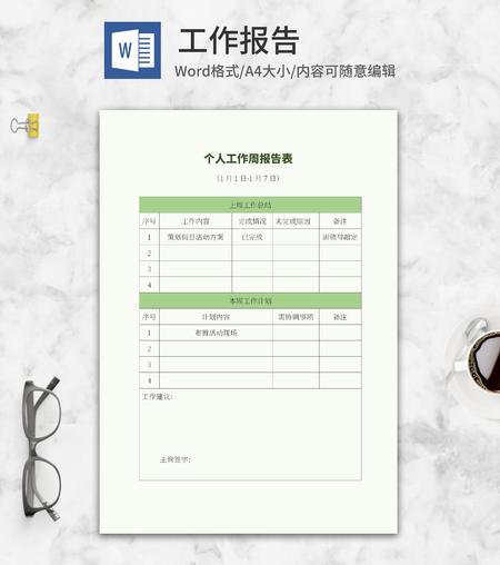 绿色个人工作周报报告表word模板