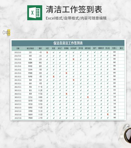 保洁员清洁工作签到表Excel模板