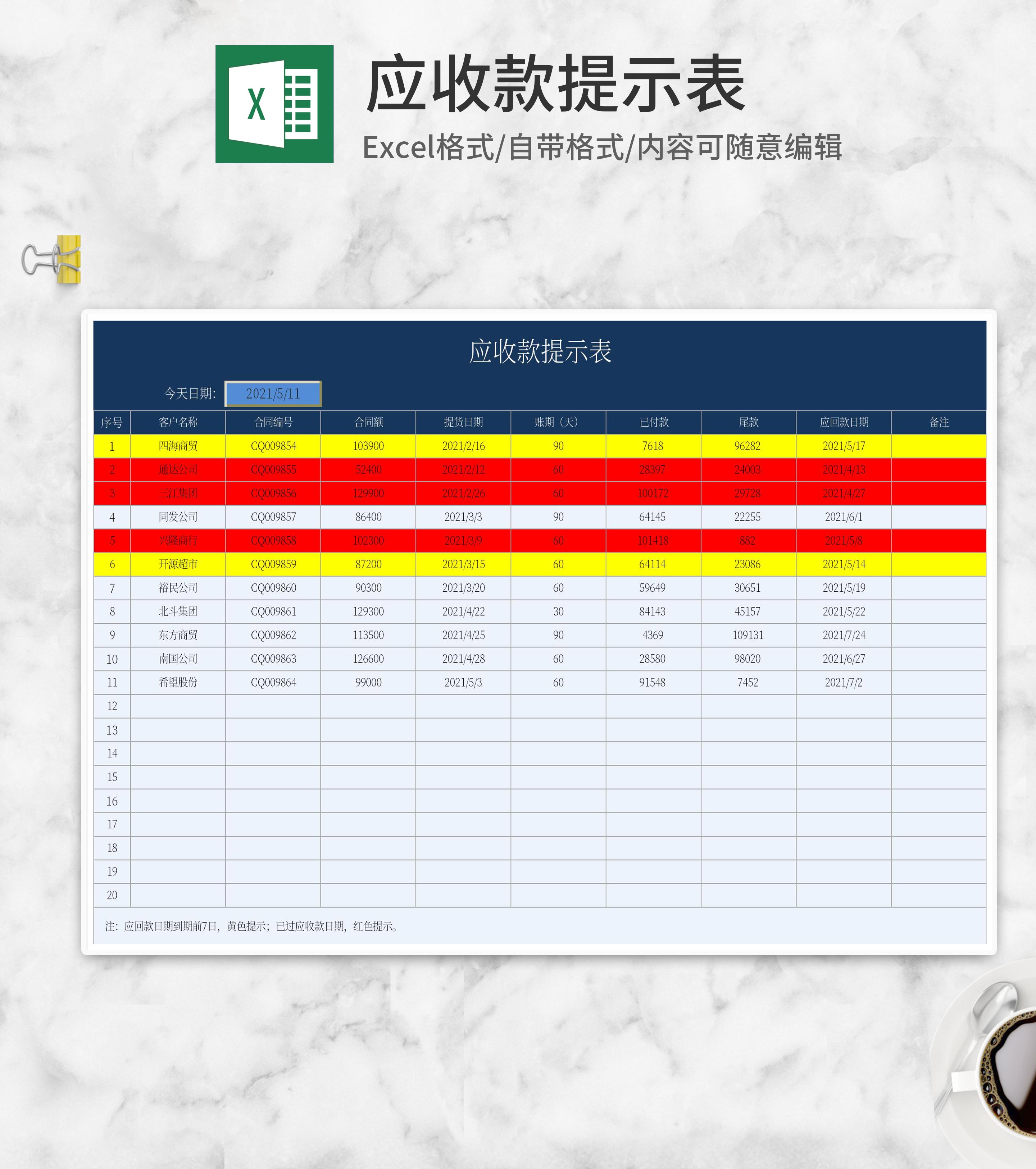 公司客户应收款提示表Excel模板
