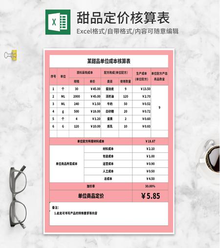 粉色甜品单位成本核算表Excel模板